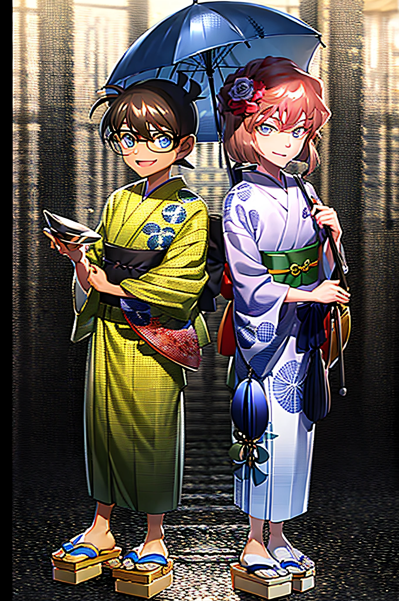 masterpiece, best quality,1girl, japanese clothes, brown hair, umbrella, 1boy, oil-paper umbrella, kimono, short hair, blue eyes, flower, hair ornament, sakazuki, looking at viewer, cup, sash, hair flower, smile, holding, obi, hakama, hakama skirt, floral print, open mouth, holding umbrella, hair between eyes, red umbrella, sake