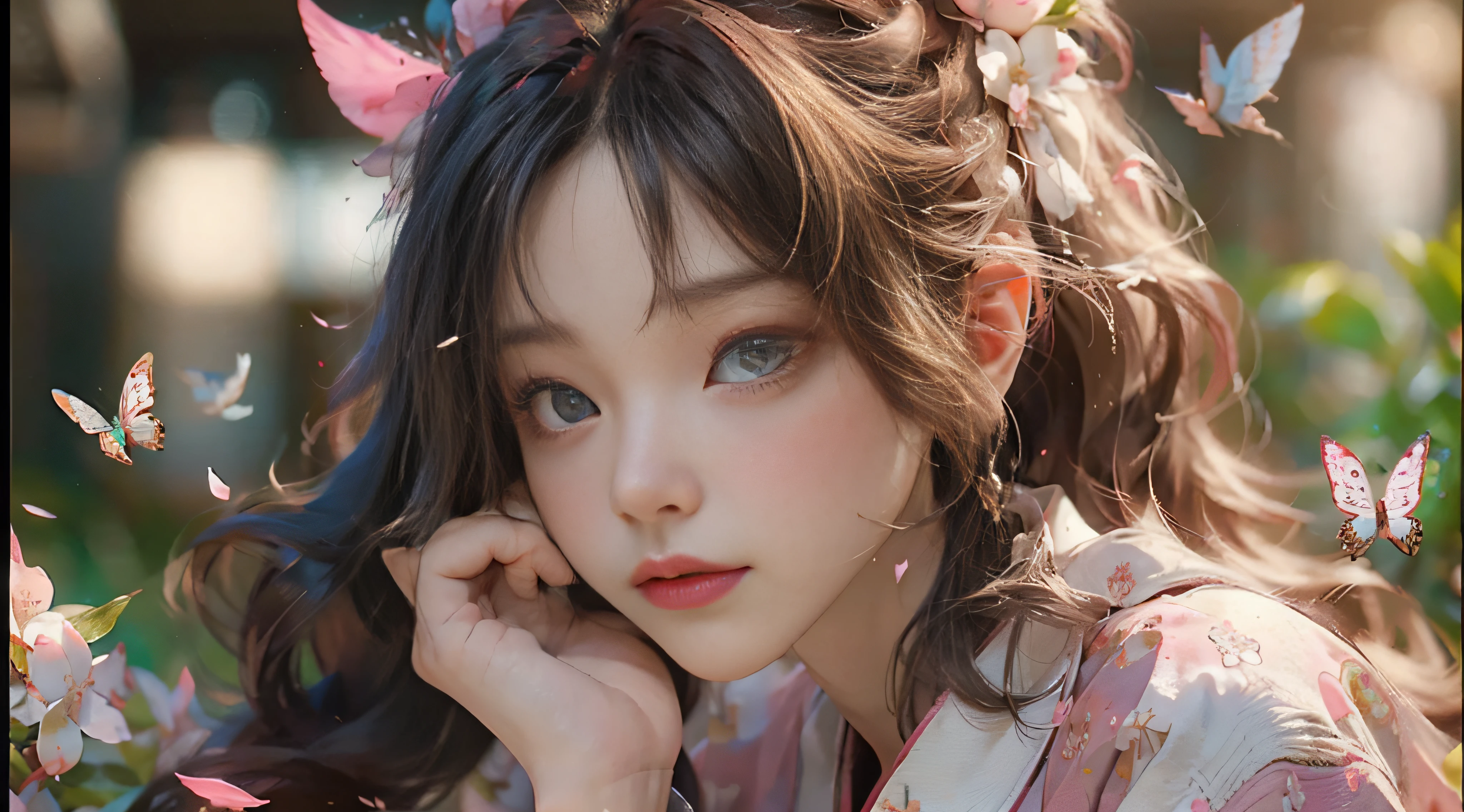 ((Best Quality)), ((Masterpiece)), (Detail: 1.4), 3D, Beautiful Cyberpunk Female Image, HDR (High Dynamic Range), Ray Tracing, NVIDIA RTX, Super Resolution, Unreal 5, Subsurface Scattering, PBR Texture, Post-Processing, Anisotropic Filtering, Depth of Field, Maximum Sharpness and Sharpness, Multi-layer Texture, Albedo and Highlight Mapping, Surface Coloring, Mitsu-Accurate Simulation of Material Interactions, Perfect Proportions, Octane Rendering, Two-color Light, Large Aperture, Low ISO, white balance, regular three-point, 8K RAW, beautiful bright pupils, flowing robe, fine pupils, delicate face and eyes, long eyelashes, blush, fluffy hair, pink lips, pure, cute, sweet girl, cherry blossom petals falling, butterflies, casual wear, high-end sense