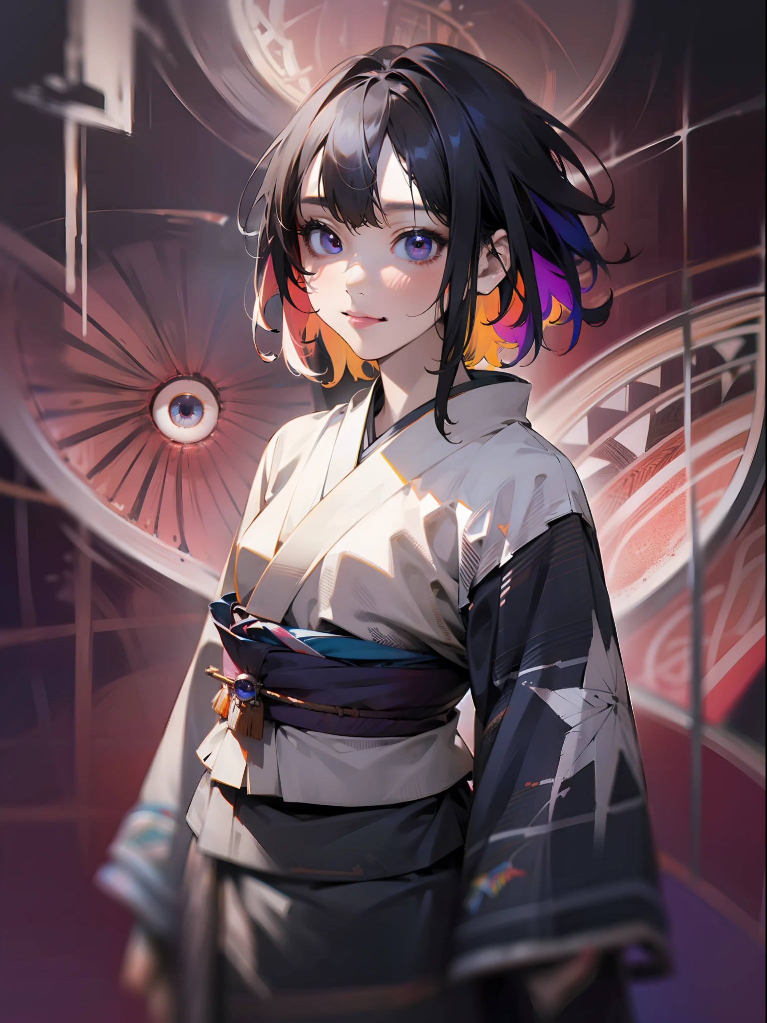 Absurdity, Hi-Res, Super Detail, 1 Girl, Short Kimono, Extreme Detail Eyes, Official Art, Beautiful and Aesthetic, 1 Girl, Extreme Detail, Fractal Art, Colorful, Supreme Detail, Dark Short Hair, Odd Eye