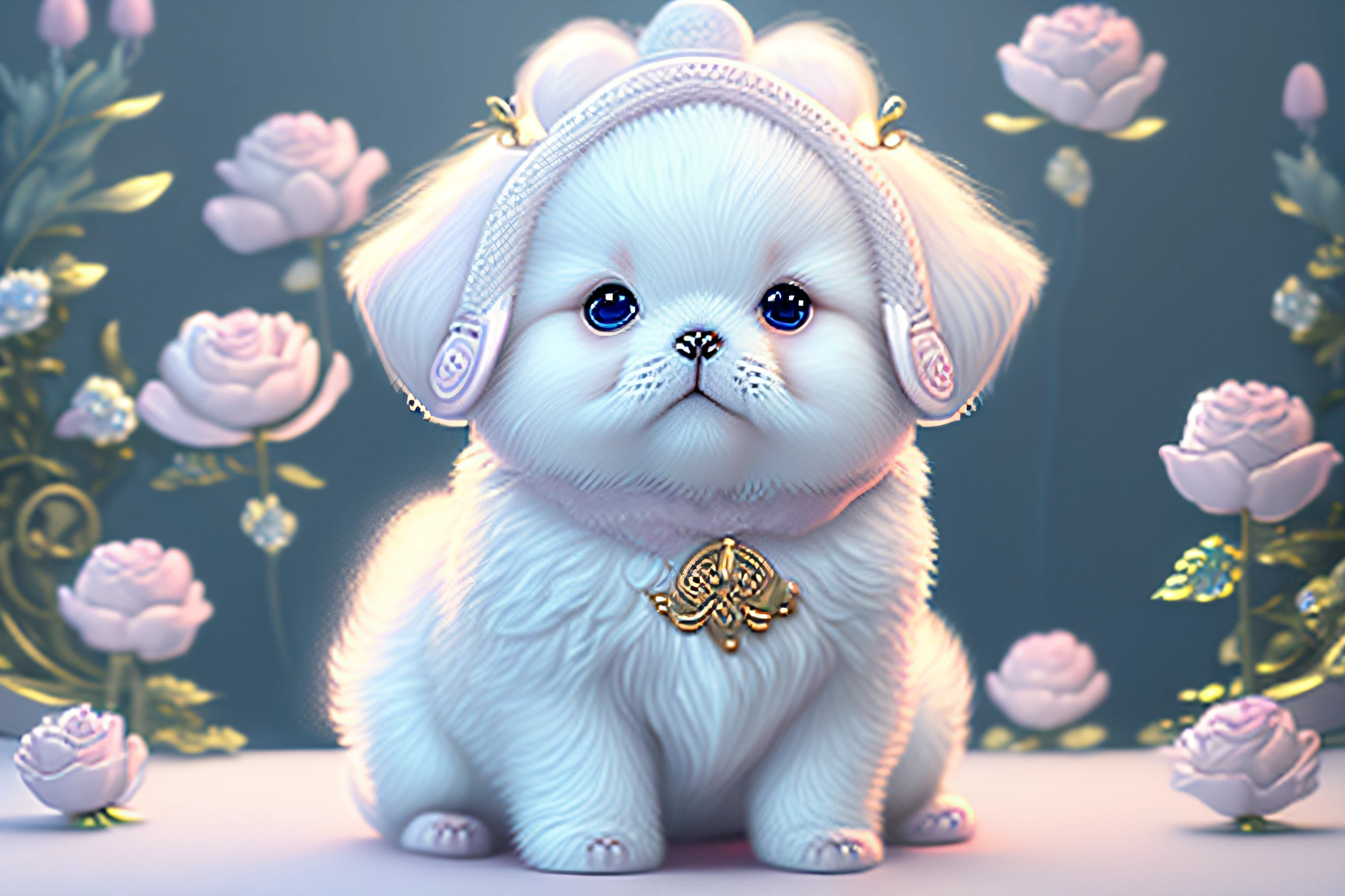 In this ultra detailed CG art, cute puppies surrounded by ethereal roses, laughter, best quality, high resolution, intricate details, fantasy, cute animals, purple, funny, open mouth. Laughter!!!