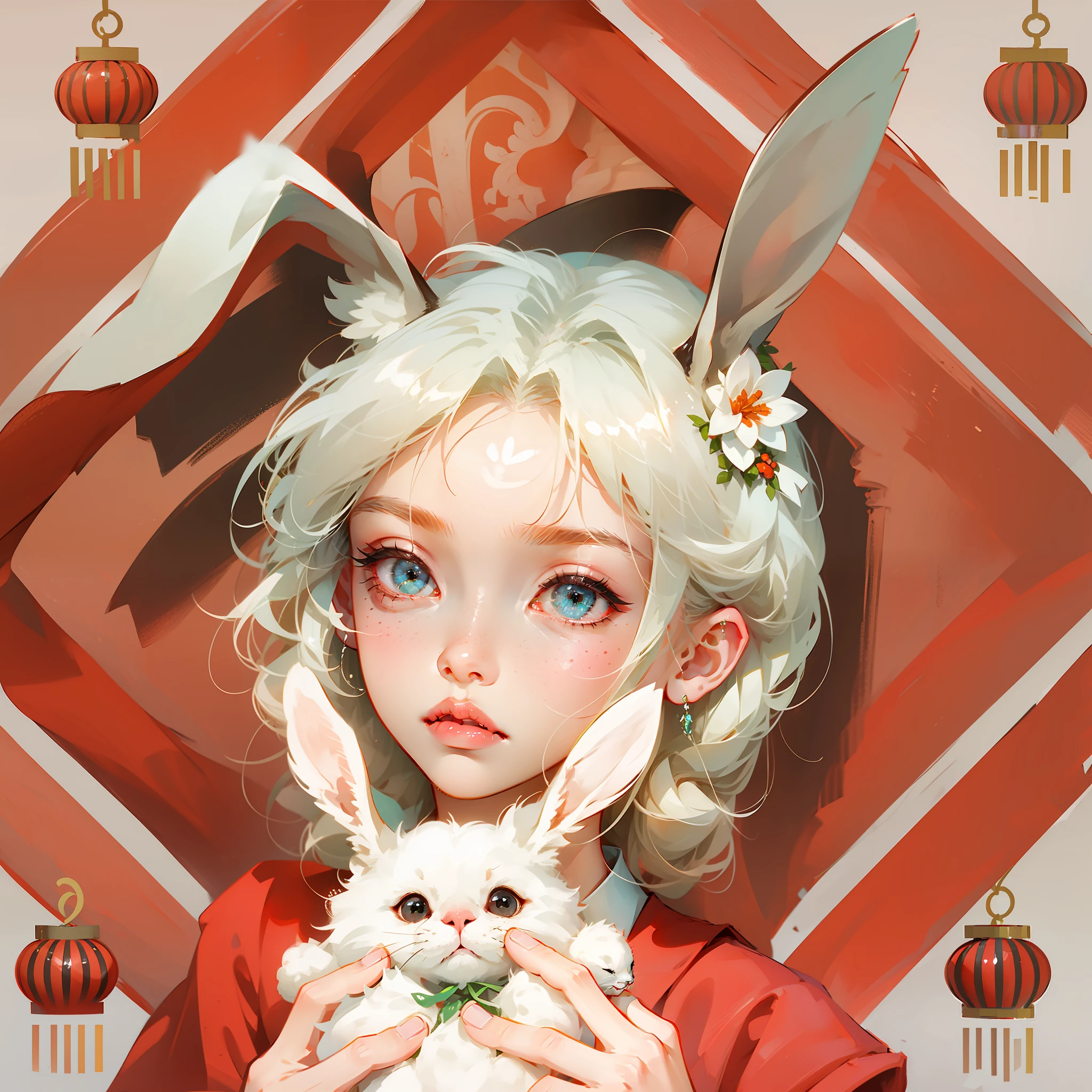A girl wearing a rabbit ear hair ornament and holding a rabbit doll in her hand