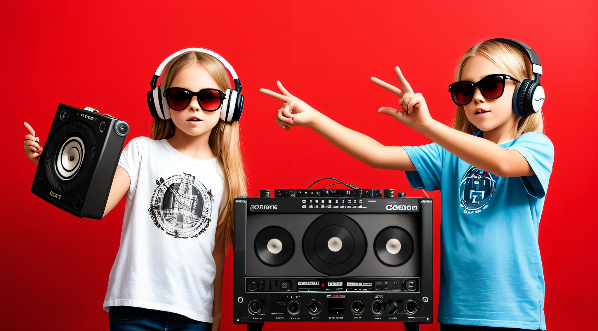 CHILD BLONDE LONG HAIR, holding a boombox and pointing with his hand, boombox, music guy, ghetto blaster, on a red background, playing for music, on red background, dj, very low quality picture, red sunglasses and a guitar, big ghetto blaster, with headphones, music is life, new music, vibrating with the music