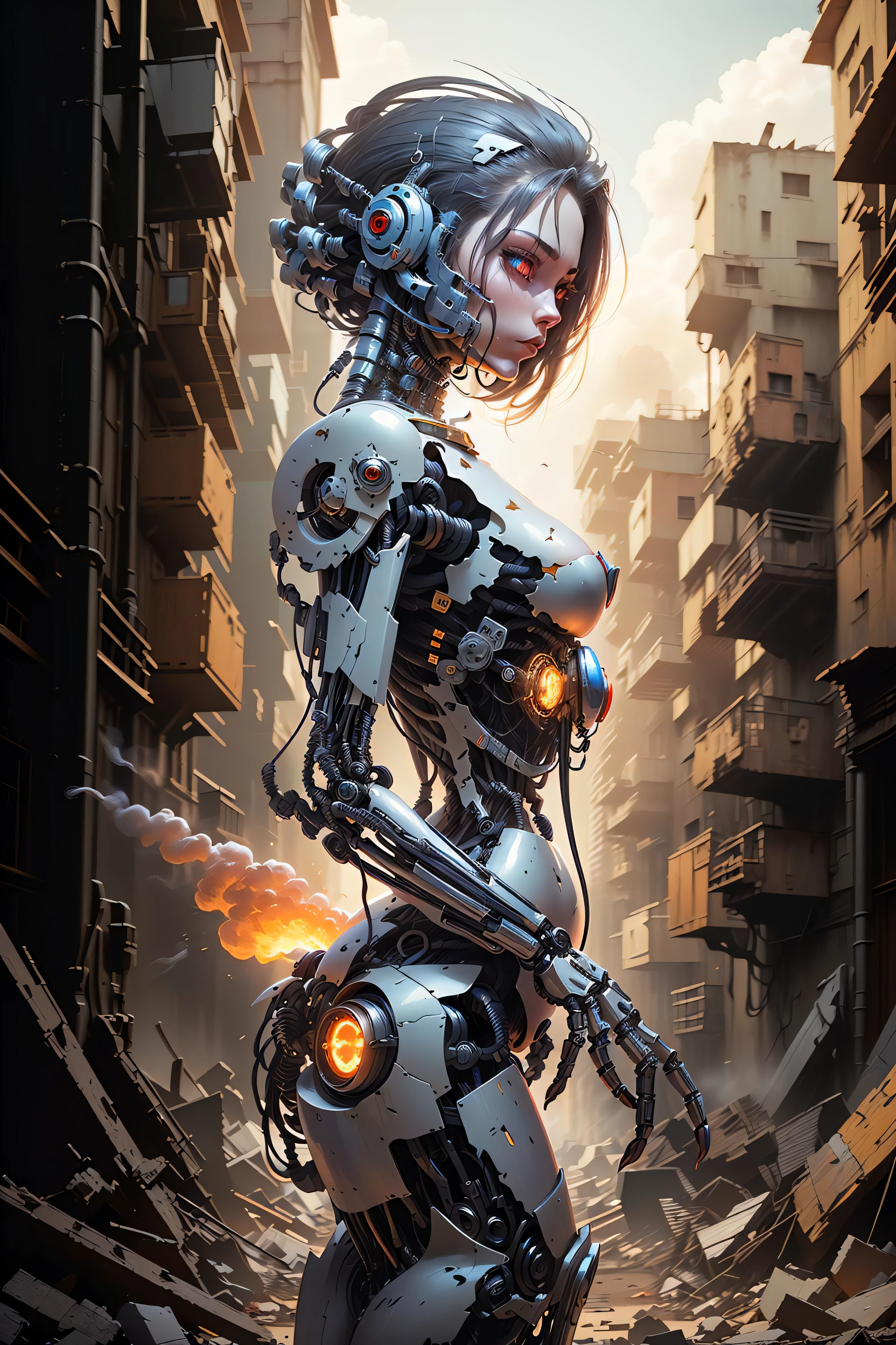 (reelmech:1.5),fighting , glowing eyes, short hair,torn tight supersuit, in a destroyed city, smoke and fire, glowing power aura, dynamic pose, dynamic view