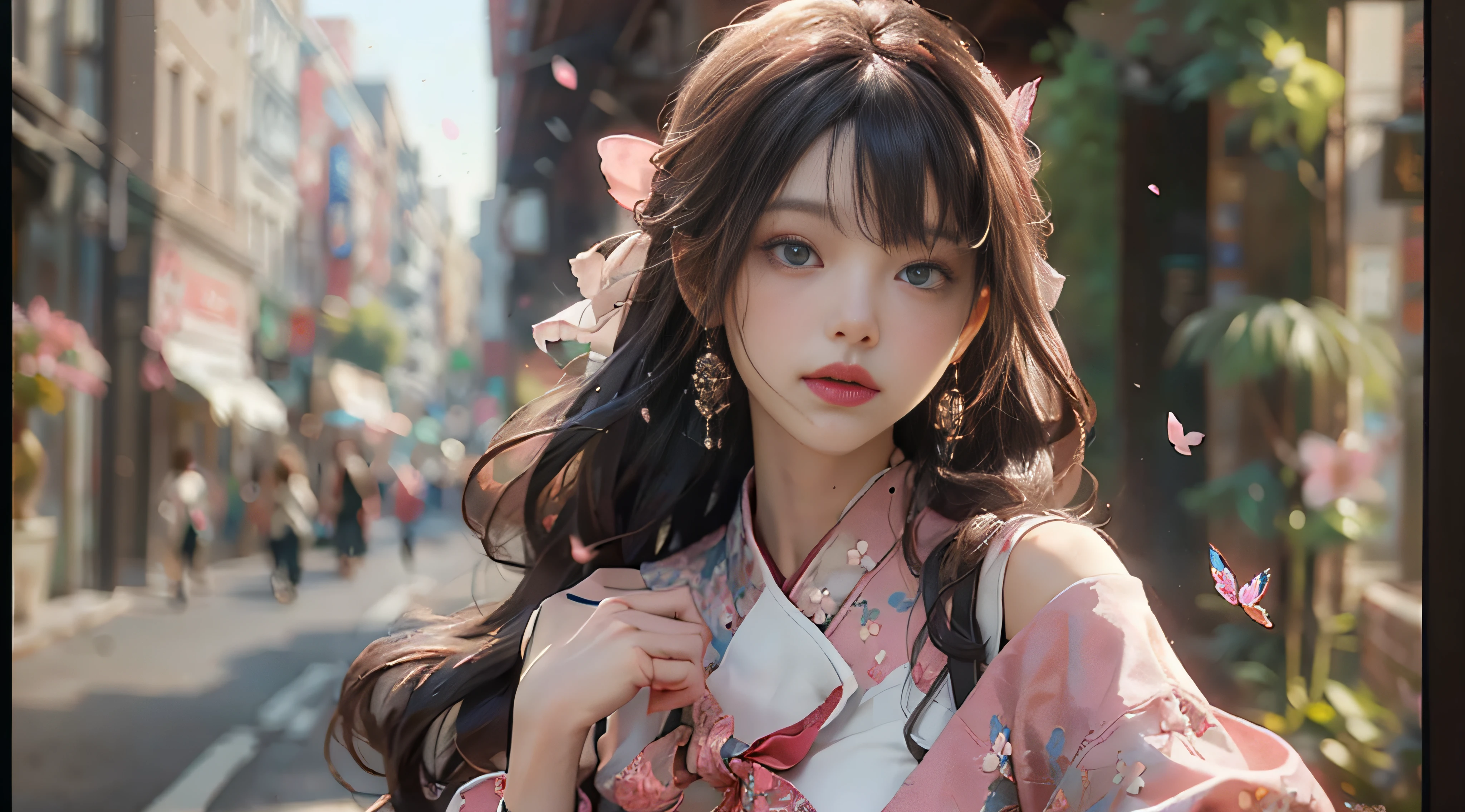 ((Best Quality)), ((Masterpiece)), (Detail: 1.4), 3D, Beautiful Cyberpunk Female Image, HDR (High Dynamic Range), Ray Tracing, NVIDIA RTX, Super Resolution, Unreal 5, Subsurface Scattering, PBR Texture, Post-Processing, Anisotropic Filtering, Depth of Field, Maximum Sharpness and Sharpness, Multi-layer Texture, Albedo and Highlight Mapping, Surface Coloring, Mitsu-Accurate Simulation of Material Interactions, Perfect Proportions, Octane Rendering, Two-color Light, Large Aperture, Low ISO, white balance, regular three-point, 8K RAW, beautiful bright pupils, flowing robe, fine pupils, delicate face and eyes, long eyelashes, blush, fluffy hair, pink lips, pure, cute, sweet girl, cherry blossom petals falling, butterflies, casual wear, high-end sense
