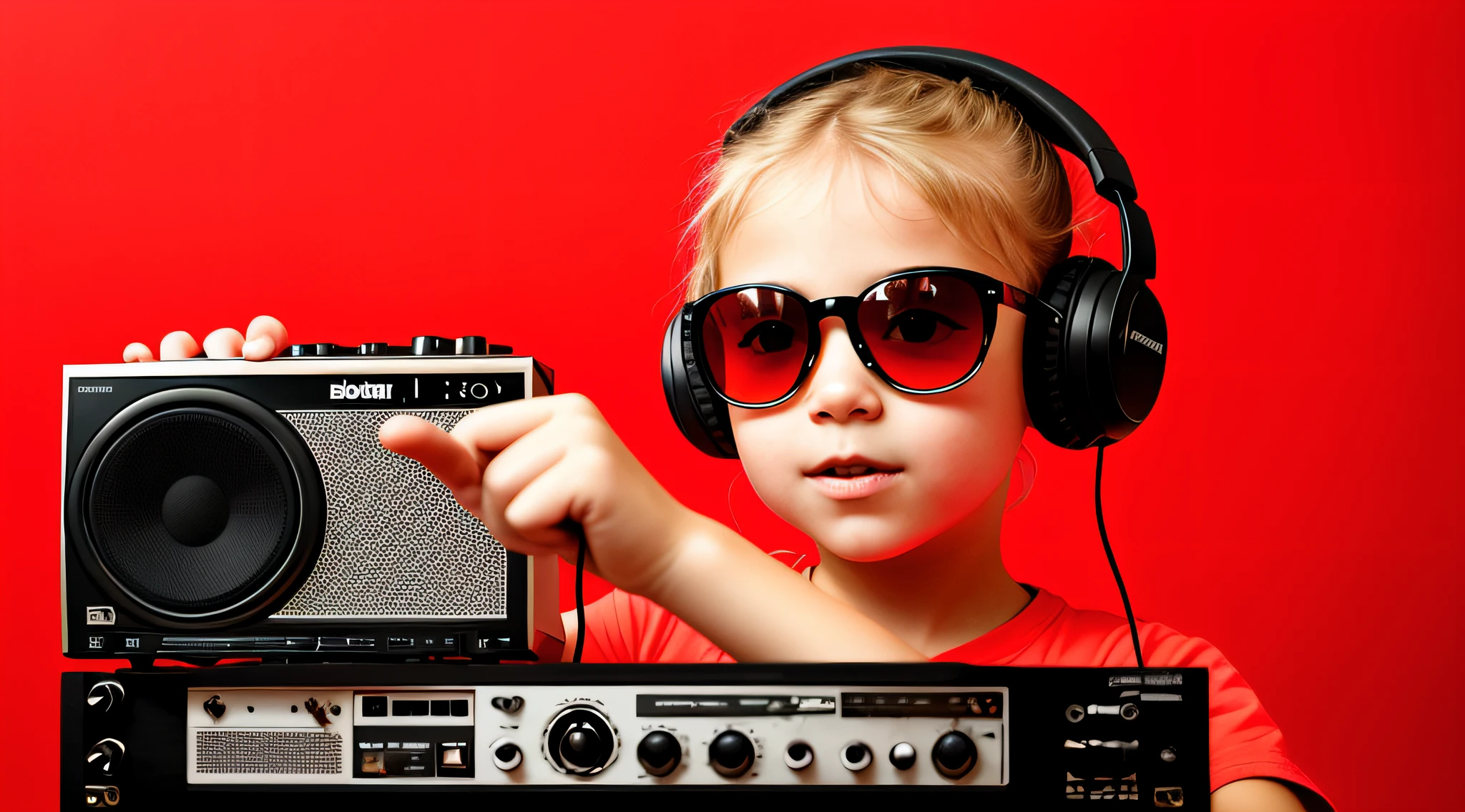 mENINA CHILD BLONDE LONG HAIR, holding a boombox and pointing with his hand, boombox, music guy, ghetto blaster, on a red background, playing for music, on red background, dj, very low quality picture, red sunglasses and a guitar, big ghetto blaster, with headphones, music is life, new music, vibrating with the music