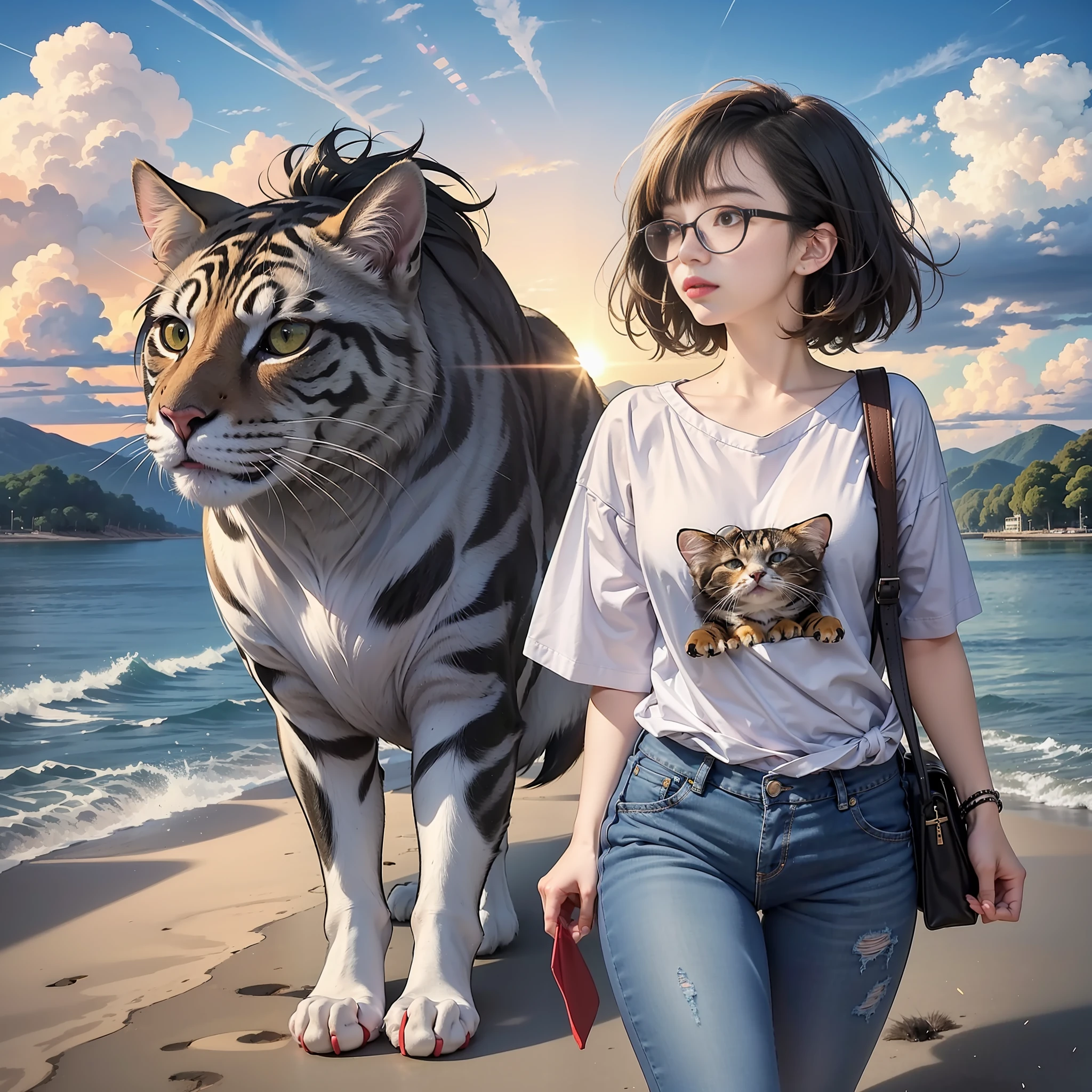 1 girl and 1 cat,{{{Walking with a giant cat}} {{{Giant cat},walking, {{{Short hair}}, clouds, overcast sky, outdoors, travel, sky, dusk, pleasant breeze, hilltop,kagawa, seto inland sea,jeans, chest, solo, bangs, {{{{disheveled hair}}}},{{{thick eyebrows},big nose,look, big t-shirt,grey, {{{{black hair tied back},black-rimmed glasses, Full body, small,{{{Short stature}}}}, Wide shoulders,{{{Big head}}},Sun, ochre sneakers, animal, wet, blue jeans,, one hand back, , dynamic placement, dynamic angle, 8k, {{{Masterpiece}}},