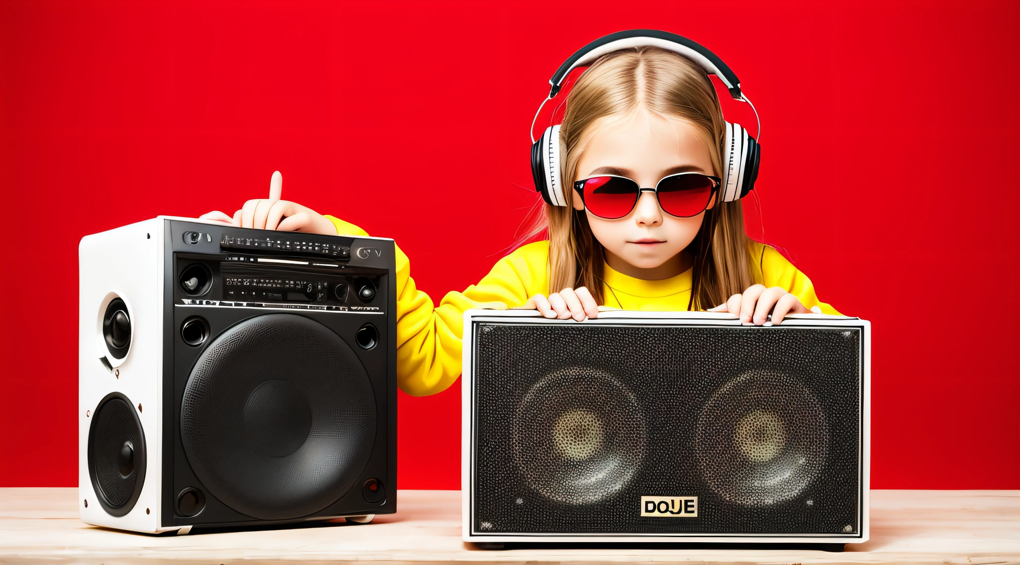 mENINA CHILD BLONDE LONG HAIR, holding a boombox and pointing with his hand, boombox, music guy, ghetto blaster, on a red background, playing for music, on red background, dj, very low quality picture, red sunglasses and a guitar, big ghetto blaster, with headphones, music is life, new music,  vibrating with the music