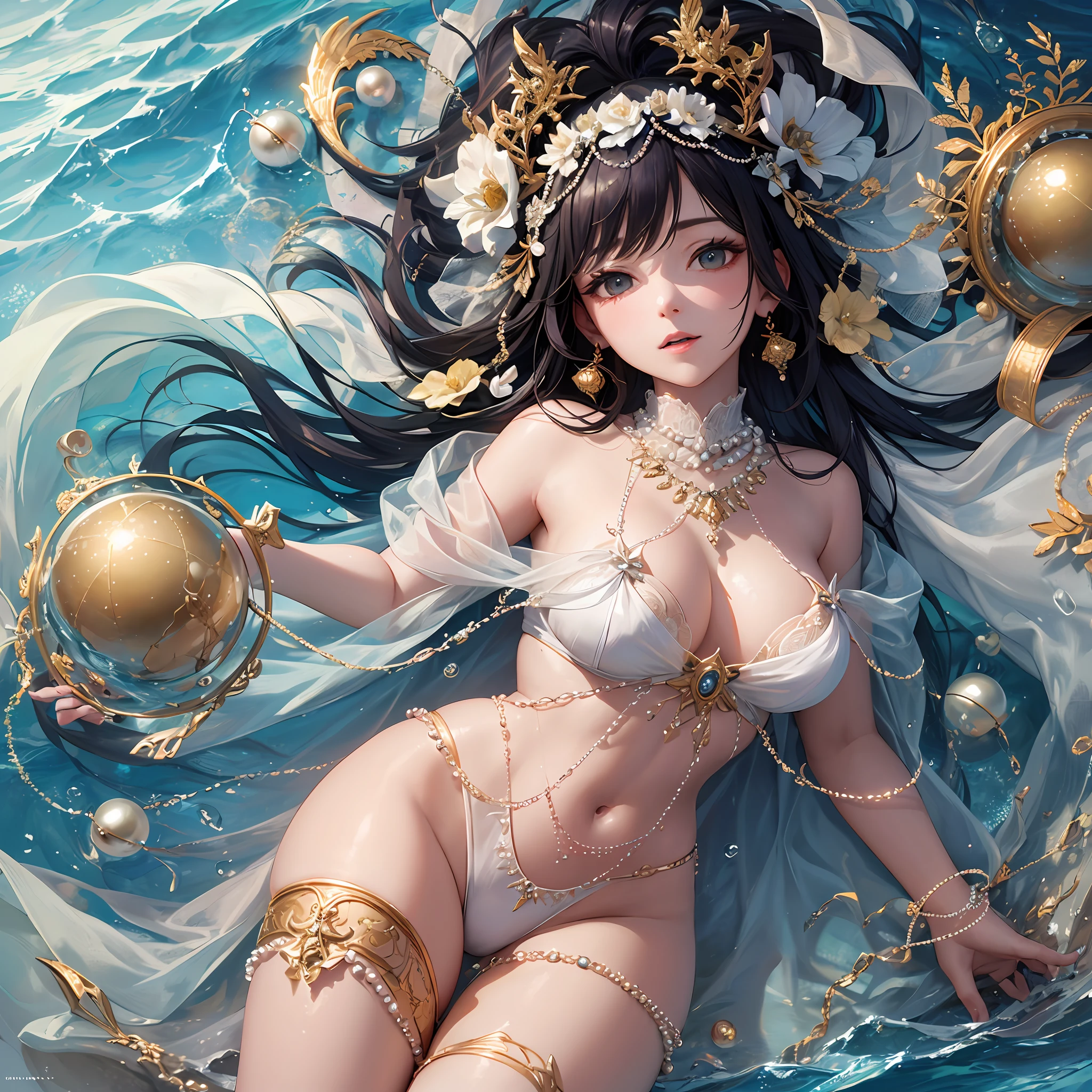 (Masterpiece), (extreme), (Ultra detailed), (Landscape), (No One 1.5), an ocean full of pearls, floating in the sea with pearls of different sizes, shimmering softly