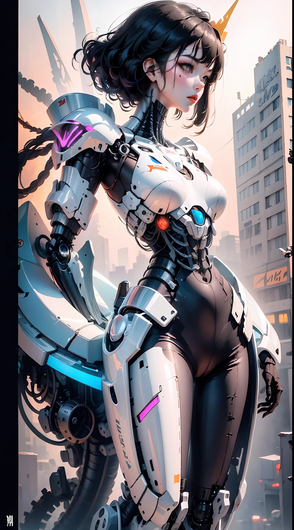 (highly detailed:1.5) futuristic mecha girl on the cover of a neon-lit sci-fi magazine, (cyberpunk:1.3) style, wearing a sleek battlesuit with glowing accents, posing confidently with a giant robot in the background, (bold typography:1.2), dynamic composition, vibrant colors, (Akira-style:1.1), (Hajime Sorayama inspired:1.2)