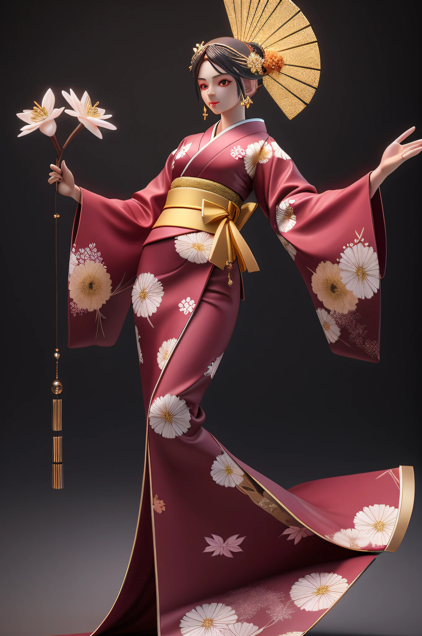 Delicate 3D PVC model of A beautiful breathtaking goddess of flower in majestic kimono outfit, golden sparkling lights, photorealistic, hyper detailed, epic light, award - winning photography