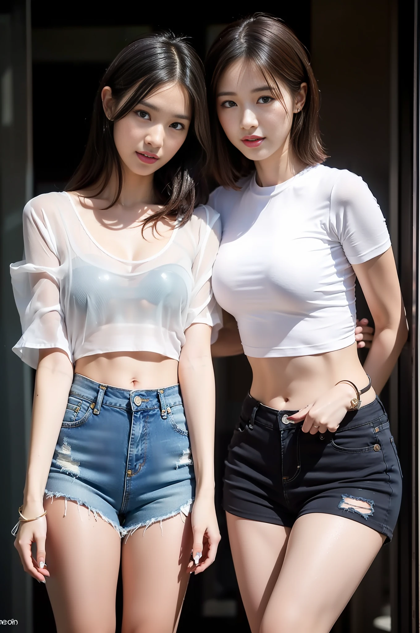 2 Korean girls drenched in the rain, drenched: 1.2, sister flower, (sister in short skirt, short skirt wet: 1.2), (sister in shorts, shorts wet: 1.2) (sexy pose, seductive pose, realistic, realistic, 16k HD, masterpiece: 1.5, focus: 1.8), sister (([wearing blue skinny denim skirt leaky navel and sheer shirt]), girl, slim perfect, (fashion short medium straight hair: 1.5), 18 years old, (wearing a tight miniskirt: 1.5), (low-rise crop top: 1.5), (realistic details brand denim kimono: 1.2), wearing stylish sheer tight short sleeves, sheer top (brand: 1.5, realistic perspective: 1.5, transparent: 1.5, bare breasts and bulge: 1.5), round white calves: 1.2, wearing stiletto heels (delicate stiletto heels with crystal band, high quality: 1.2)), sister (([wearing crop top denim shorts (skinny denim shorts, tight pants) and sheer shirts], Slim and perfect, schoolgirl, (fashion shawl straight hair: 1.5), 18 years old, (wearing denim shorts (tight shorts): 1.2), (low-rise crop top: 1.5), (realistic details high-end brand shorts, tight pants, denim shorts: 0.8), wearing fashion sheer tight short sleeves, Transparent top (brand: 1.5, slim, realistic perspective: 1.5, transparent: 1.5, bare breasts and areola: 1.5), round white calves: 1.2 wearing stiletto heels (delicate stiletto shoes crystal band sandals, high quality: 1.2)), surreal schoolgirl, realistic schoolgirl, schoolgirl pose, model pose, wet on rainy days, shoot full body ((full body: 1.8)), beautiful skin, glowing skin, slim beautiful thighs, Perfect thighs: 1.0, perfectly rounded calves: 1.0, fair and tender toes: 1.0, beautiful breasts: 1.5, beautiful buttocks: 1.5, upturned buttocks: 0.7, best quality, fair skin, real skin, (detail face), sister goose egg face, sister melon seed face, pores, super resolution, (16k, original photo, realistic: 1.4), 2 girls, slim, (smile, teeth and tongue: 1.2, happiness: 1.2), (eyes, lip gloss, face, Perfect, realistic, super detailed, wide lighting, natural shadows), shootin