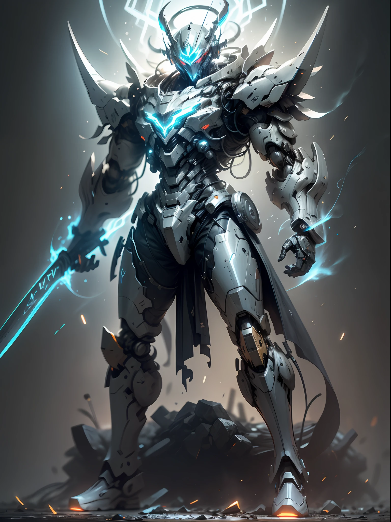 Blue Ghost Hunter, Super Cool Ghost Killer, Wearing Blue Mechanical Armor, Lightning Surrounding, Katana Held, Standing Frontal, Perfect Body Proportions, Super Detail, Realistic, Shiny, Reflective, Bioluminescent, Galactic Cybernetic Mask, Mecha, (Executioner: 1.2), Cape, SH4G0D, GlowingRunes_red, Full Body, Movie, Dark Background, Backlight, High Contrast,