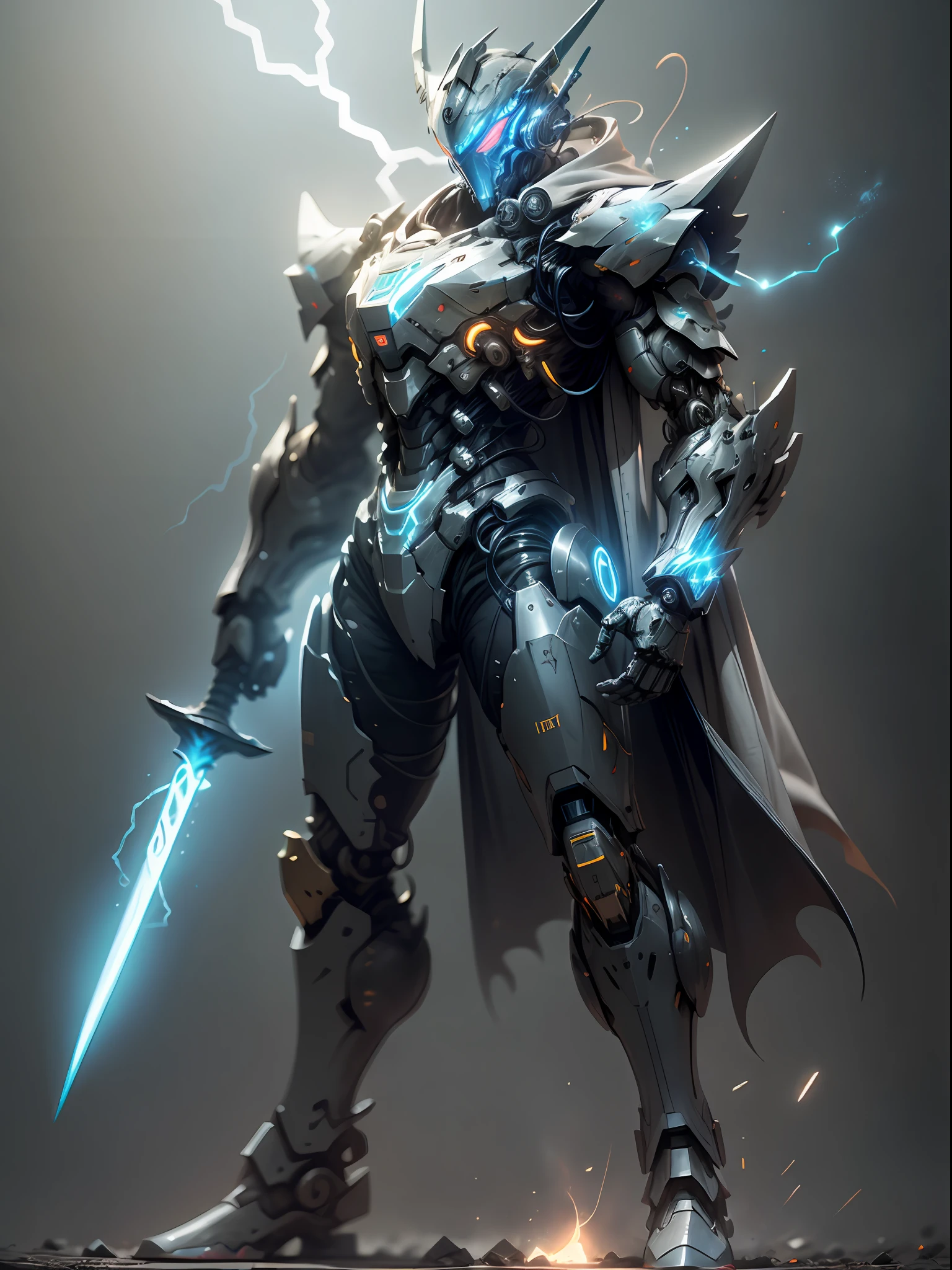 Blue Ghost Hunter, Super Cool Ghost Killer, Wearing Blue Mechanical Armor, Lightning Surrounding, Katana Held, Standing Frontal, Perfect Body Proportions, Super Detail, Realistic, Shiny, Reflective, Bioluminescent, Galactic Cybernetic Mask, Mecha, (Executioner: 1.2), Cape, SH4G0D, GlowingRunes_red, Full Body, Movie, Dark Background, Backlight, High Contrast,