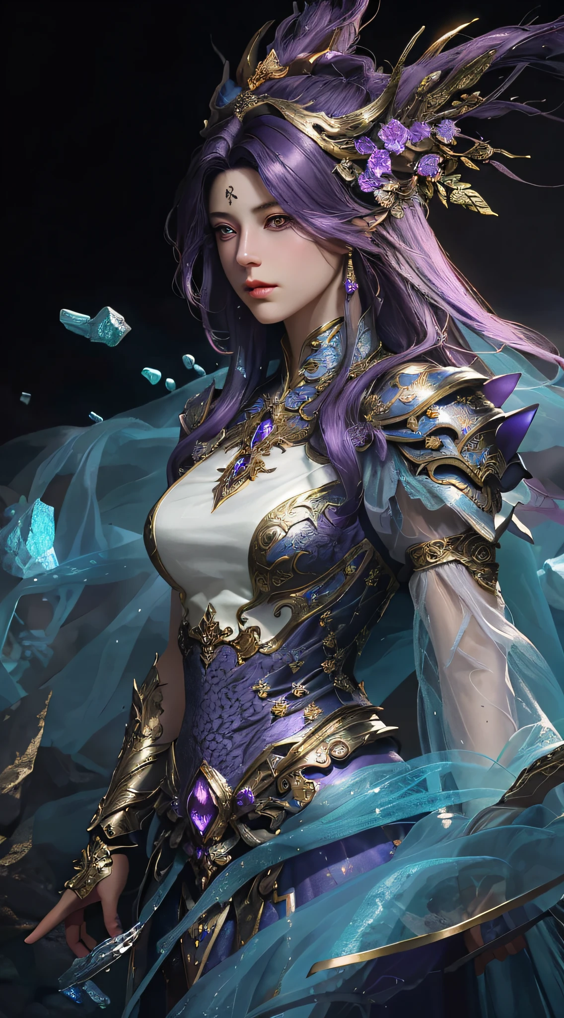 Close-up of a woman with dark purple hair in a gold and dark purple dress with crystals, chengwei pan on artstation, by Yang J, detailed fantasy art, stunning character art, best artstation fanart, epic and exquisite character art, beautiful armor, extremely detailed art, detailed digital anime art, artgerm on artstation pixiv, girl in armor