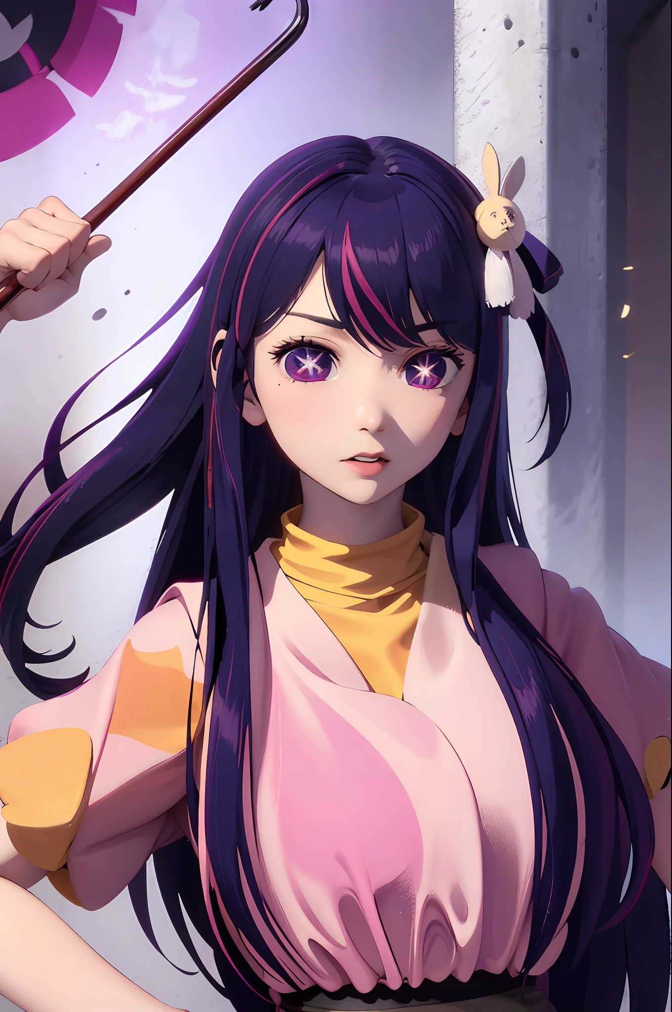 Hoshino Ai, long hair, purple hair, streaked hair ,purple eyes, star-shaped pupils, hair ornament, gmodcrowbar
holding crowbar