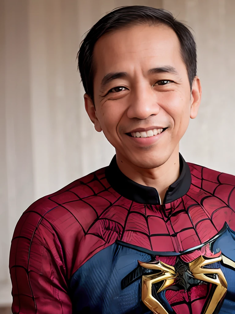 4k, Best quality, masterpiece, ultra high res, beautiful lighting, (realistic, photo-realistic:1.4), realistic background, jokowi, 1man, 50 years old, smiling, spiderman, long shot