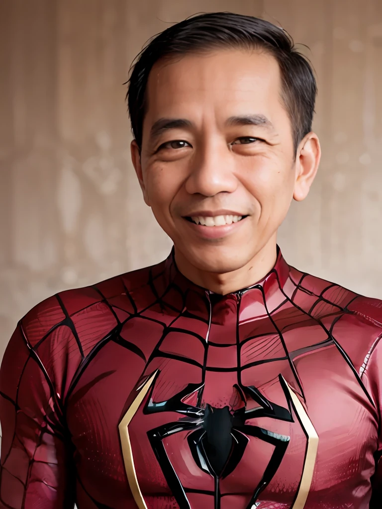 4k, Best quality, masterpiece, ultra high res, beautiful lighting, (realistic, photo-realistic:1.4), realistic background,  jokowi, 1man, 50 years old, smiling, spiderman, long shot