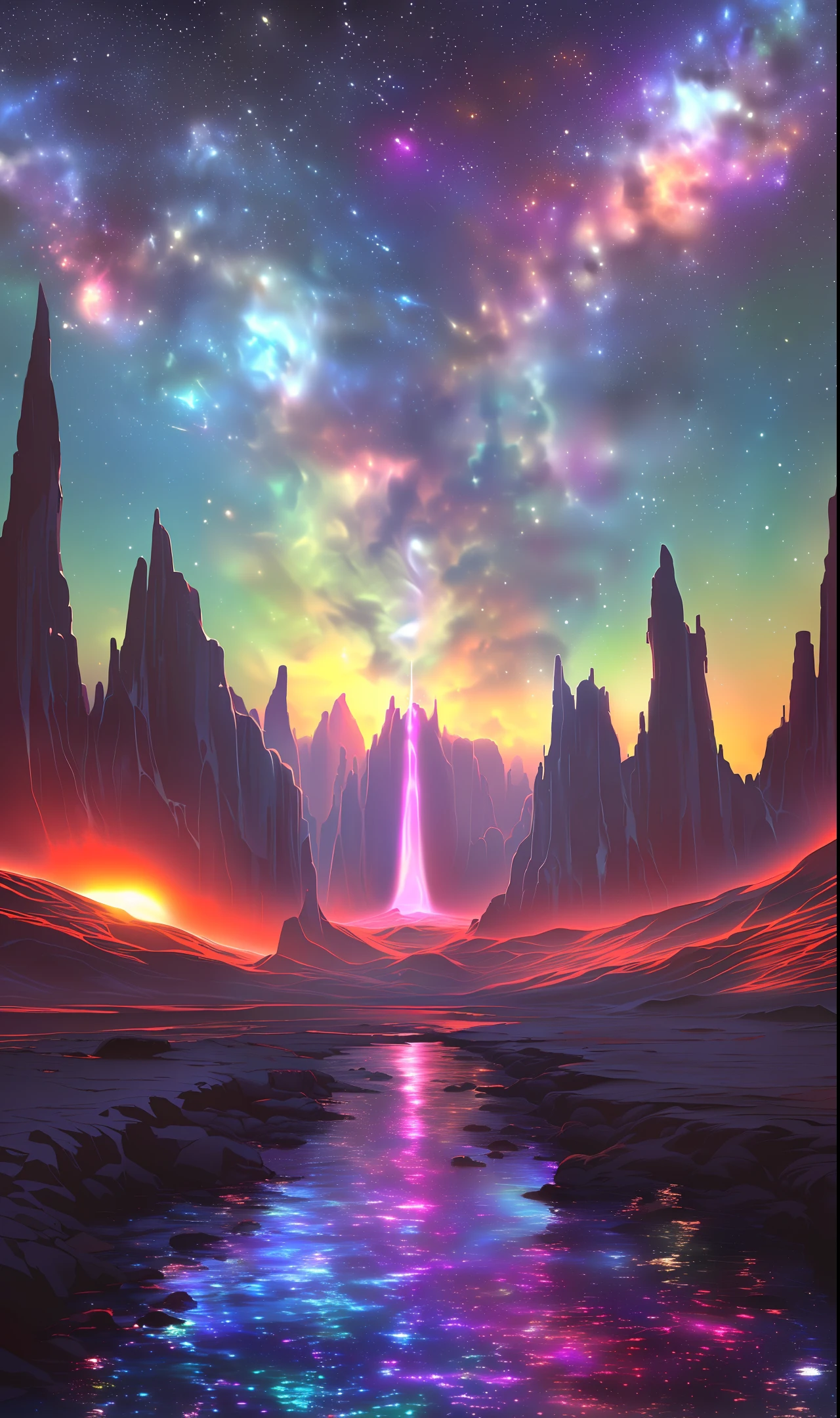 In the center of the picture is a strange planet. The surface of the planet changes in color, emitting a warm halo from the core, and through the clouds, the stars illuminate the surrounding space. It's an indescribable beauty, with both sci-fi mystery and dreamy romance.

The surface of the planet is covered with various strangely shaped buildings, which are made of unknown substances and shimmer with a metallic sheen. Some buildings are like alien plants, growing on the surface of the planet; Others are like flowing liquids, drawing bizarre patterns on the surface of the planet. These buildings emit a shocking light that illuminates the surrounding space.

On the left side of the picture, a peculiar forest is depicted. The image of these trees makes people feel a strong sense of science fiction. Their trunks are like sleek sculptures, bent into a variety of smooth and complex shapes. The leaves are a shimmering green, as if reflecting the starlight. In this forest, there are also some bizarre creatures, whose images are both fantastic and mysterious and sci-fi futuristic.

On the right side of the picture, a sea of stars is depicted. This is a brilliant river of stars, dotted with stars, like a flowing Milky Way, in this sea of stars, there are also some huge interstellar spaceships, they are quietly moored in the starry sky, as if watching this beautiful planet.

The whole picture is set against the background of deep black, which is not a monotonous darkness, but a deep and magical color that contains countless stars, and the endless universe. It makes the whole picture full of science fiction and dreamy atmosphere.

This painting has both a sense of science fiction technology and a beautiful dreamy atmosphere. Every element in the picture is full of details and vitality, making people feel like they are in a shocking interstellar dream.