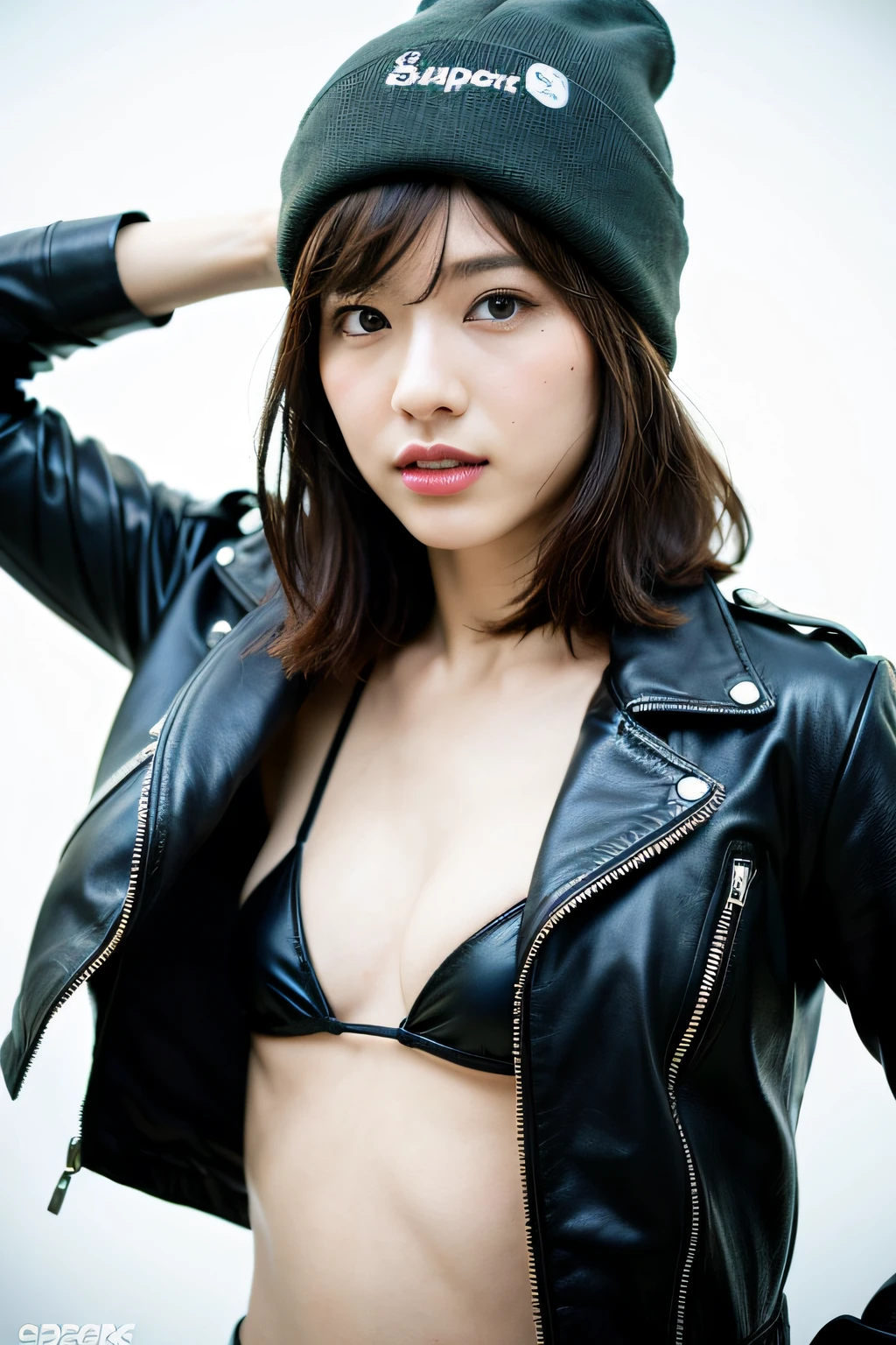 ((8k:1.27), top quality, masterpiece, super high definition:1.2) Cute Japan Woman Pictures (Beautiful:1.1) (Sci-Fi Warrior Woman: 1.1) Space Soldier, (Beanie: 1.61) (Leather Jacket: 1.21) Intricate, Elegant, Fantasy, Detail, Geometric Patterns by Greg Lutkowski and Alphonse Mucha, Gradient Lighting, Bikini