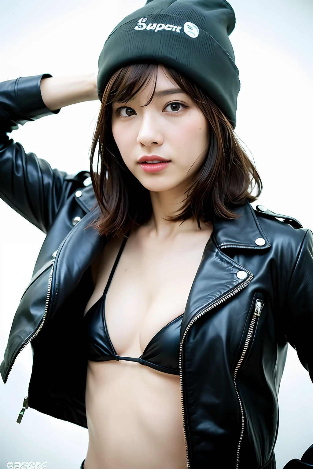 ((8k:1.27), top quality, masterpiece, super high definition:1.2) Cute Japan Woman Pictures (Beautiful:1.1) (Sci-Fi Warrior Woman: 1.1) Space Soldier, (Beanie: 1.61) (Leather Jacket: 1.21) Intricate, Elegant, Fantasy, Detail, Geometric Patterns by Greg Lutkowski and Alphonse Mucha, Gradient Lighting, Bikini