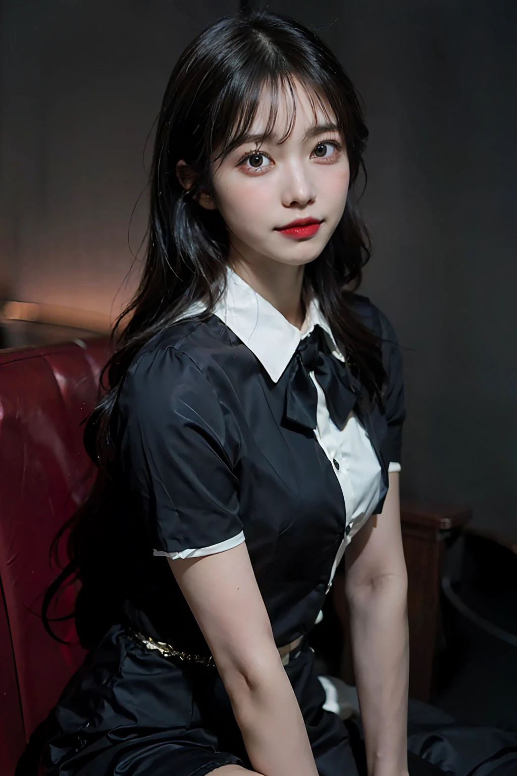 1girl, beautiful retro colors, instagram (realistic, high resolution: 1.4), (puffy eyes)), looking at the viewer, full body (8k, RAW photo, best quality, masterpiece: 1.2), (realistic, photorealistic photo: 1.37), (sharp focus: 1.2), professional lighting, photon mapping, radiosity, physically based rendering, (pale skin: 1.2), looking at the viewer, (medium hair: 1.5), portrait, purple eyes, (black hair:1.1), bangs, (simple background: 1.4), solo, upper body, realistic, (masterpiece: 1.4), (highest quality: 1.4), (brightened), mage sister, smile (thin, shut up, shy: 1.3), (standing, black flight attendant uniform, necromancer: 1.1), medium bust, sexy pose,
