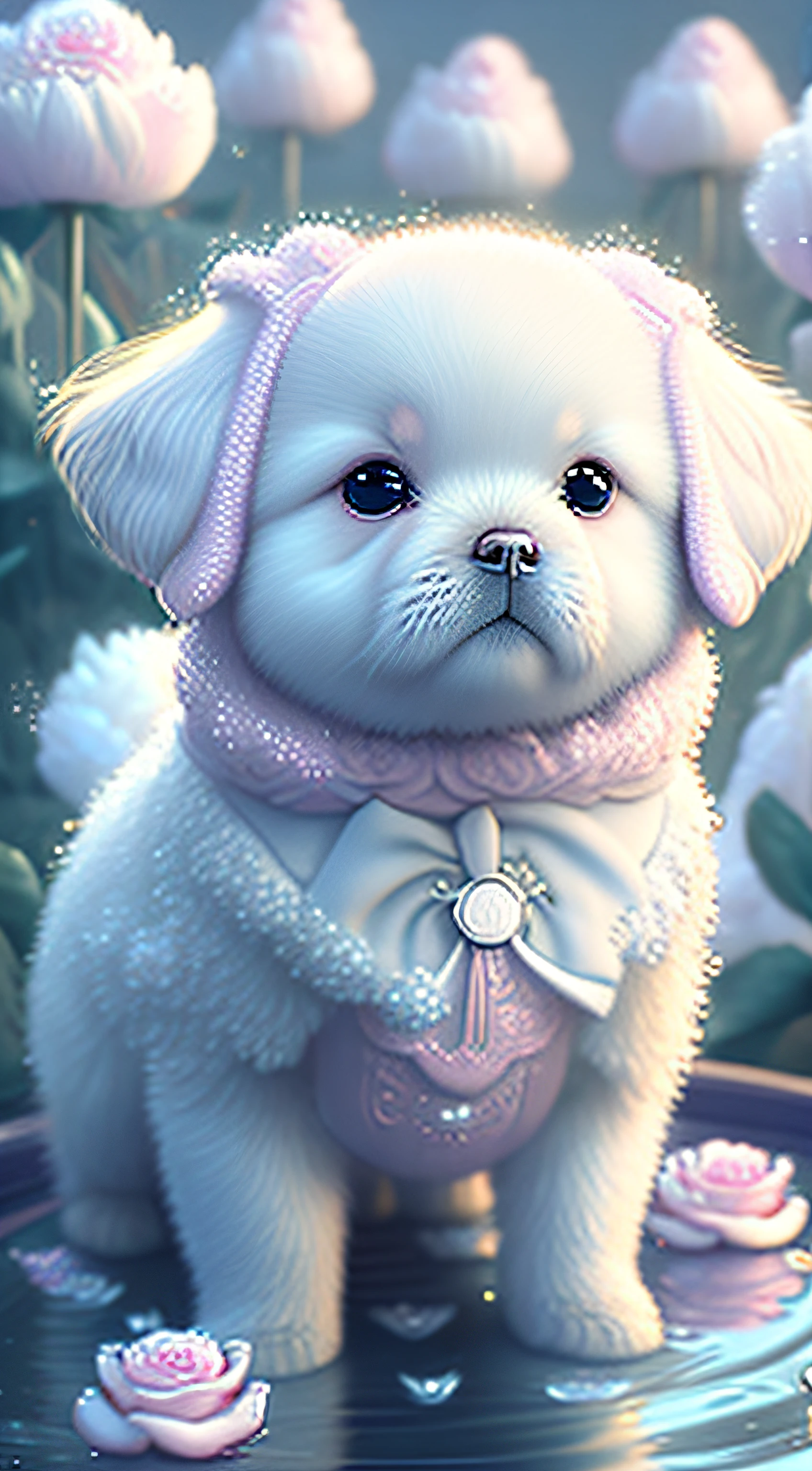 In this ultra detailed CG art, cute puddle puppies surrounded by ethereal roses, best quality, high resolution, intricate details, fantasy, cute puppy, purple, funny