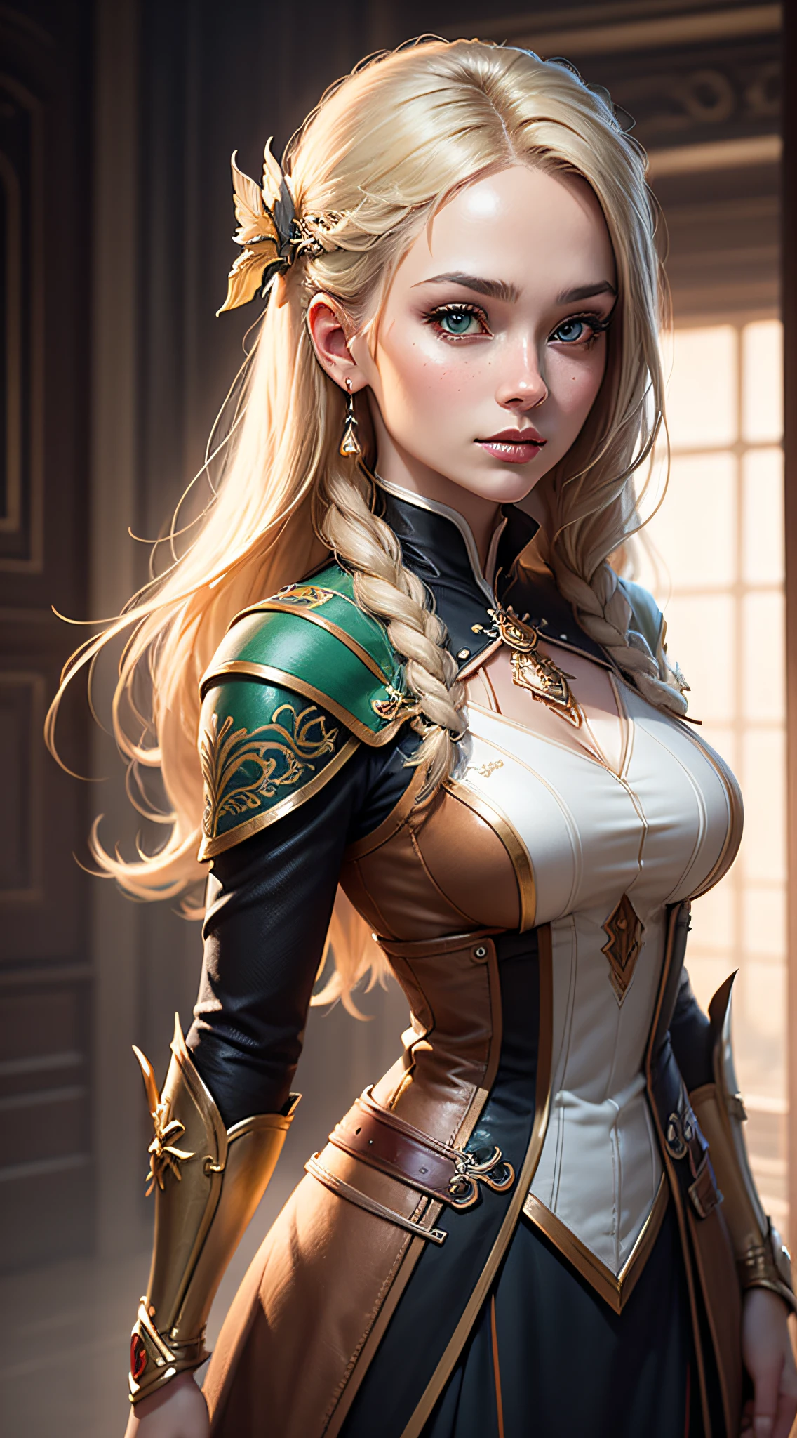 masterpiece, princess archer, high quality, portrait, blonde hair, green eyes, long hair, highly detailed, archer ,realistic face, white background, beautiful detailed eyes, fantasy art, Artgerm style, illustration, Riiska art art, epic, fantasy, intricate, hyper detailed, art station, conceptual art, smooth, sharp focus, ray tracing, vibrant --auto