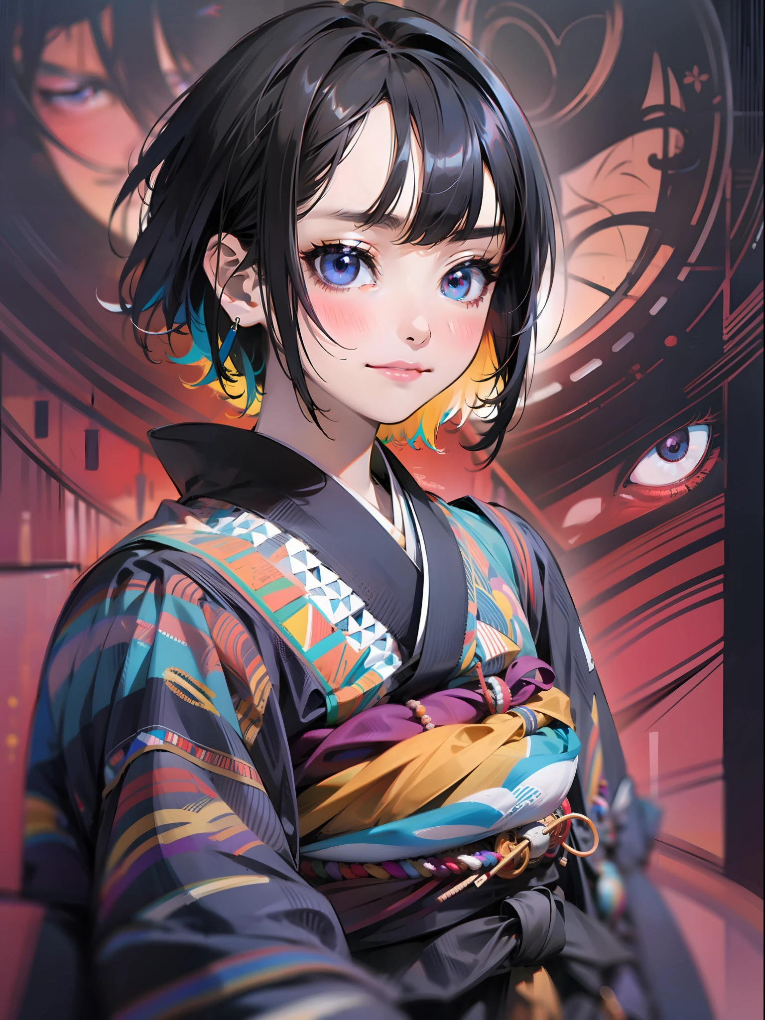 Absurdity, Hi-Res, Super Detail, 1 Girl, Short Kimono, Extreme Detail Eyes, Official Art, Beautiful and Aesthetic, 1 Girl, Extreme Detail, Fractal Art, Colorful, Supreme Detail, Dark Short Hair, Odd Eye