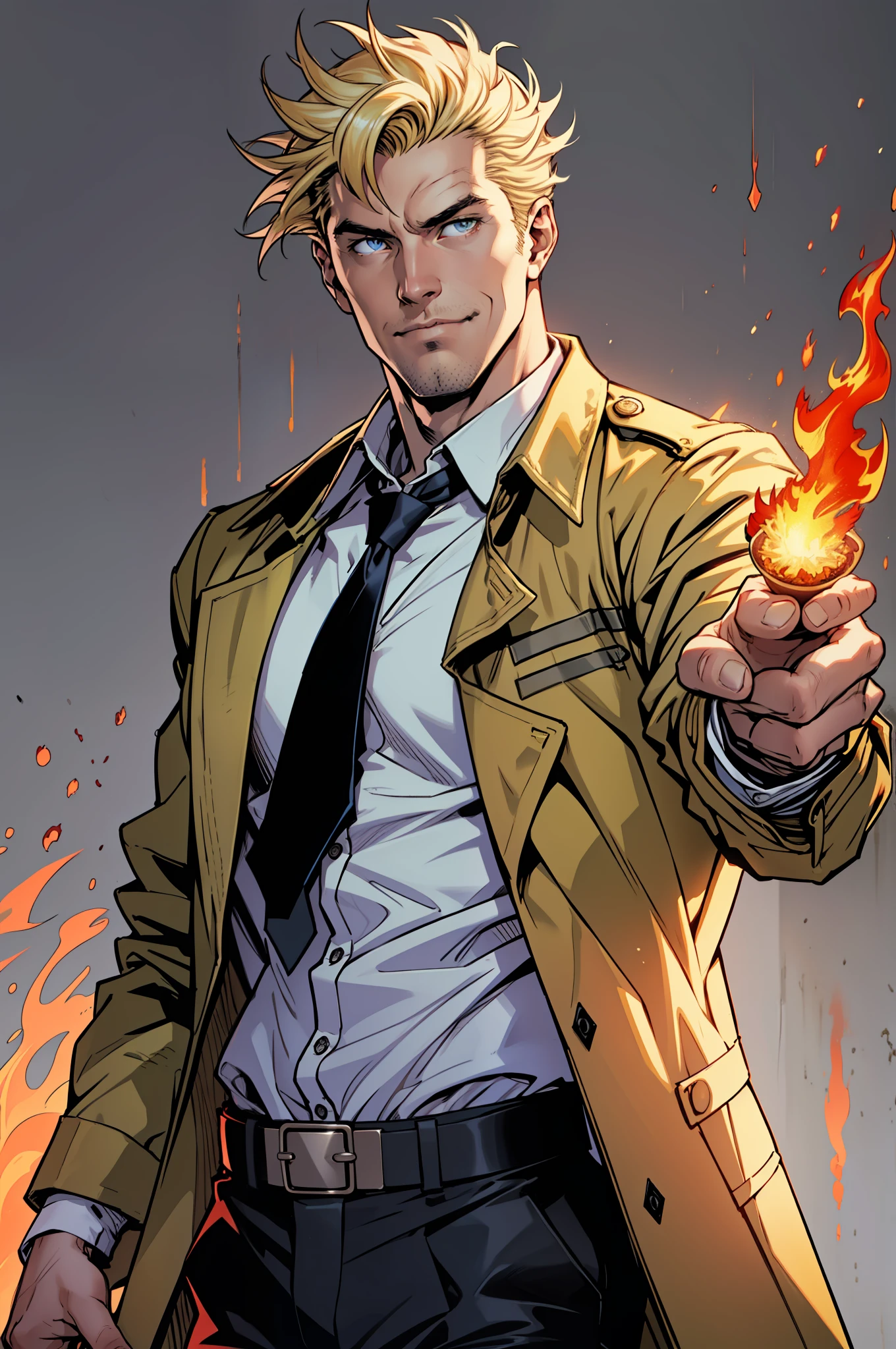 1 man, solo, John Constantine,  British man, tall, fit muscle, big baggy faded yellow trench coat, loose long red tie, loose untidy white shirt, making a fireball out of his right hand, smirks, light blond hair, crew cut hair style, hades style fire, solid background, best quality, 4k, wallpaper