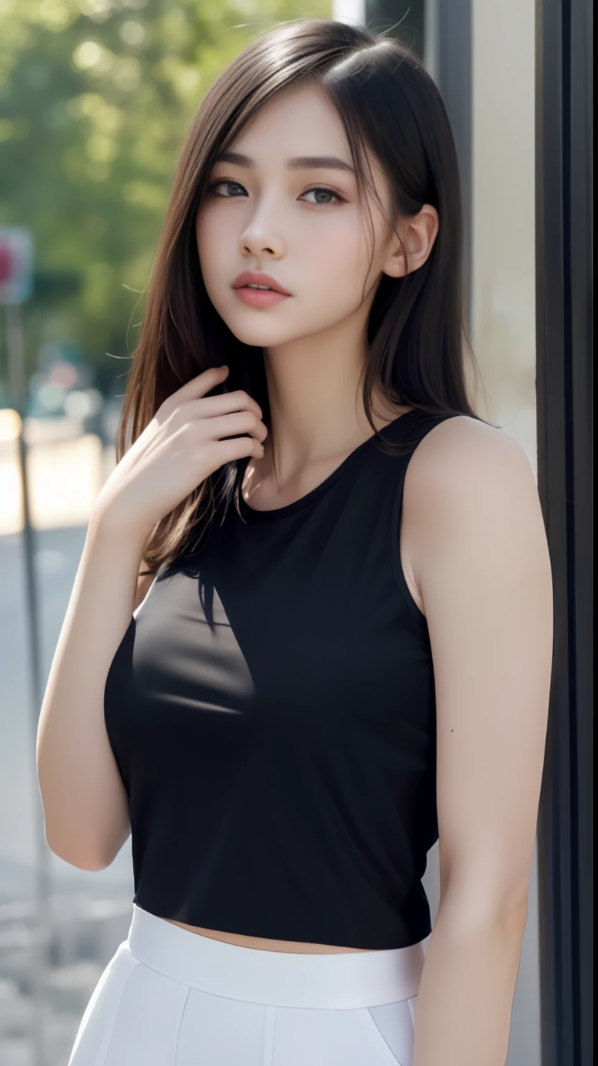 Best quality, masterpiece, (Realisticity: 1.2), 1 girl, delicate face, brown hair, brown eyes, parted lips, blush, frontal, delicate face, beautiful eyes, chest, long legs, white tights, denim shorts, early morning, flowers, sun, mountain peaks in background