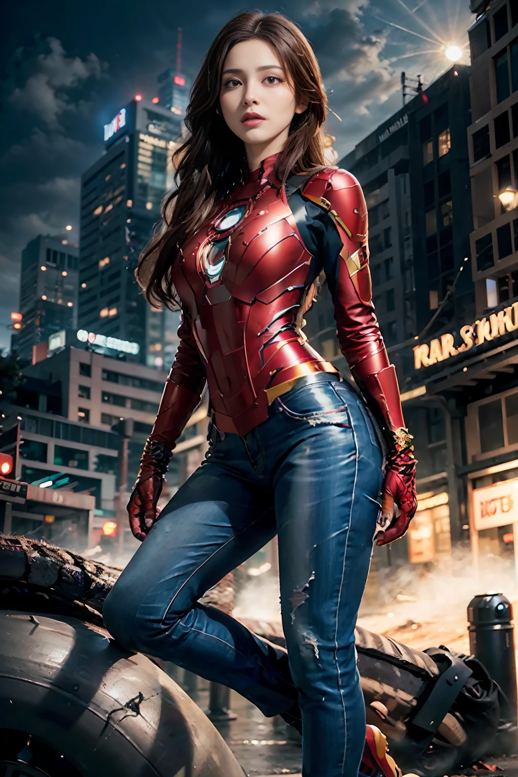 RAW, Masterpiece, Super Fine Photo, Best Quality, Ultra High Resolution, Photorealistic Photorealism, Sunlight, Full Body Portrait, Amazing Beauty, Dynamic Pose, Delicate Face, Vibrant Eyes, (From the side), She Wears Iron Man costume, Ragged Top, Jeans, Very Detailed Background, Detailed Face, Rack Server on Red Sky Background, Messy, Gorgeous, Milky White, Highly Detailed Skin, Realistic Skin Details, Visible Pores, Sharp Focus, Volume Fog, 8K UHD, DSLR , high quality, film grain, fair skin, photorealism, lomography