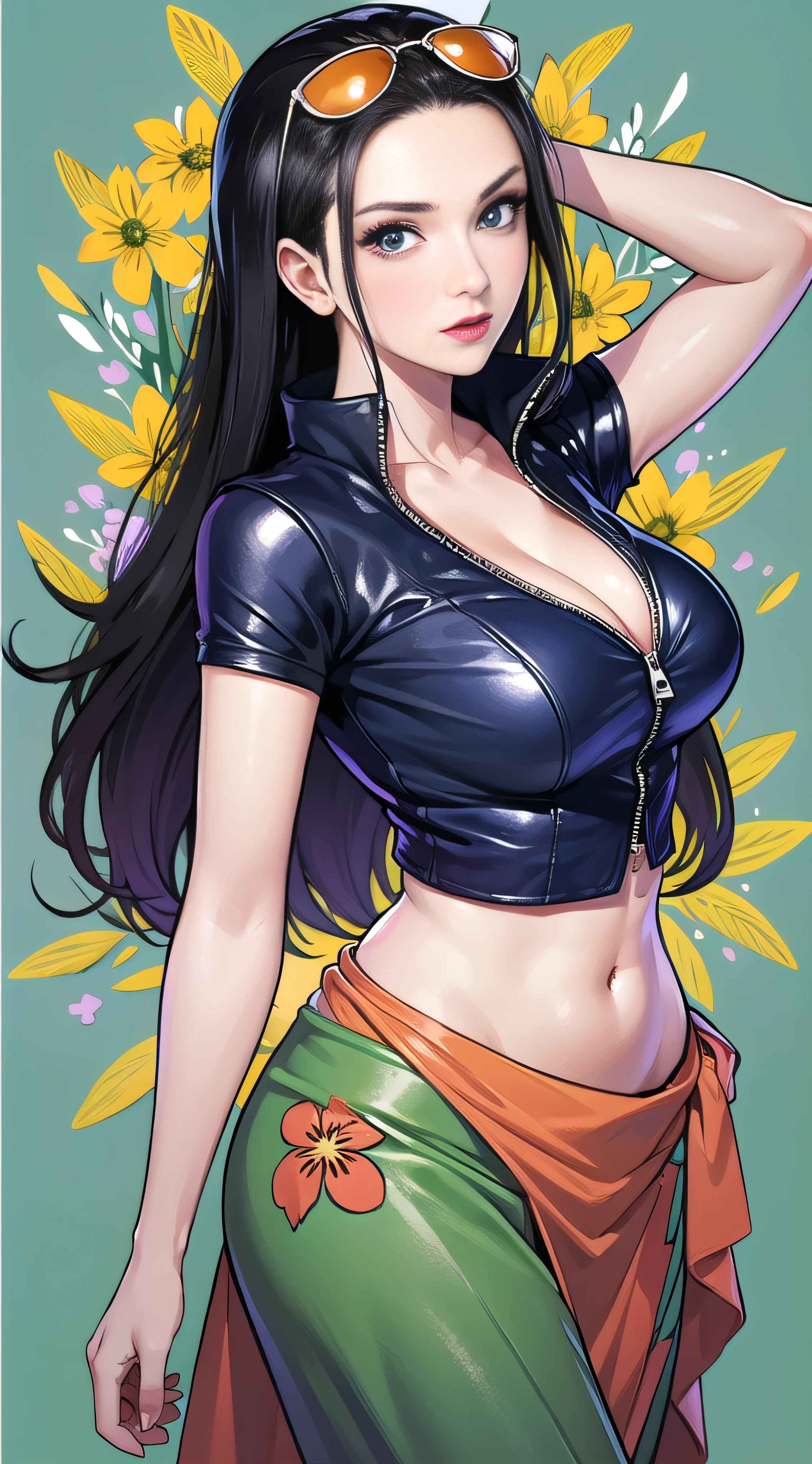 masterpiece, best quality,8k,highestres, absurdres, extremely detailed, nico robin, 1 russian girl, solo, looking at viewer, long silky hair, her outfit is a long red salmon sarong skirt that has a design of a green seaweed with red and yellow flowers on the side with ruffles that bares her hips with a partially-zipped short-sleeved navy blue leather vest with a V-neck line, She wears white sunglasses with orange lenses which she hangs on her forehead, full body shot, (Egypt background),///,