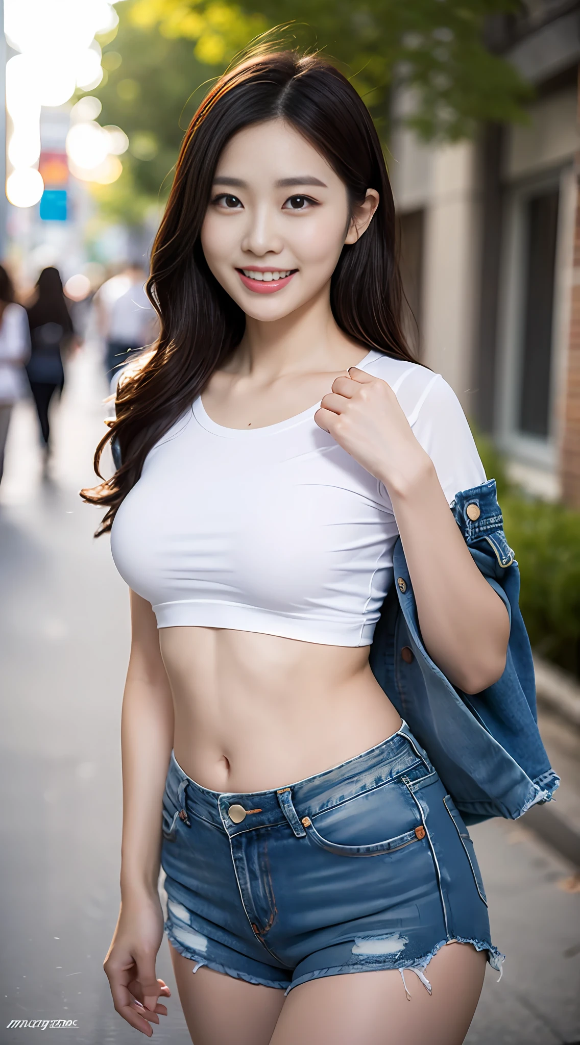 ((Best Quality, 16k, HD Masterpiece: 1.3)), Focus: 1.2, 2 Perfect Body Beauties: 1.2, Waist Slimming: 1.2, Buttocks: 1.2, (( Fashion Short Straight Distribution: 1.5, Big Breasts and Breasts: 1.2)), (Wet Clothes: 1.1) , (Rain, Street: 1.3), Sheer Short T-Shirt: 1.1, Denim Short Skirt, Open Belly Button, Perfect white thighs: 1.2, fair and round calves: 1.2, white and tender toes: 1.2, highly detailed face and skin texture, detailed eyes, double eyelids, whitened skin, smile: 1.2, happiness: 1.2, teeth, tongue, eyes, lip gloss, face super realistic detail, wide lighting, natural shadows, shooting the whole body: 1.8