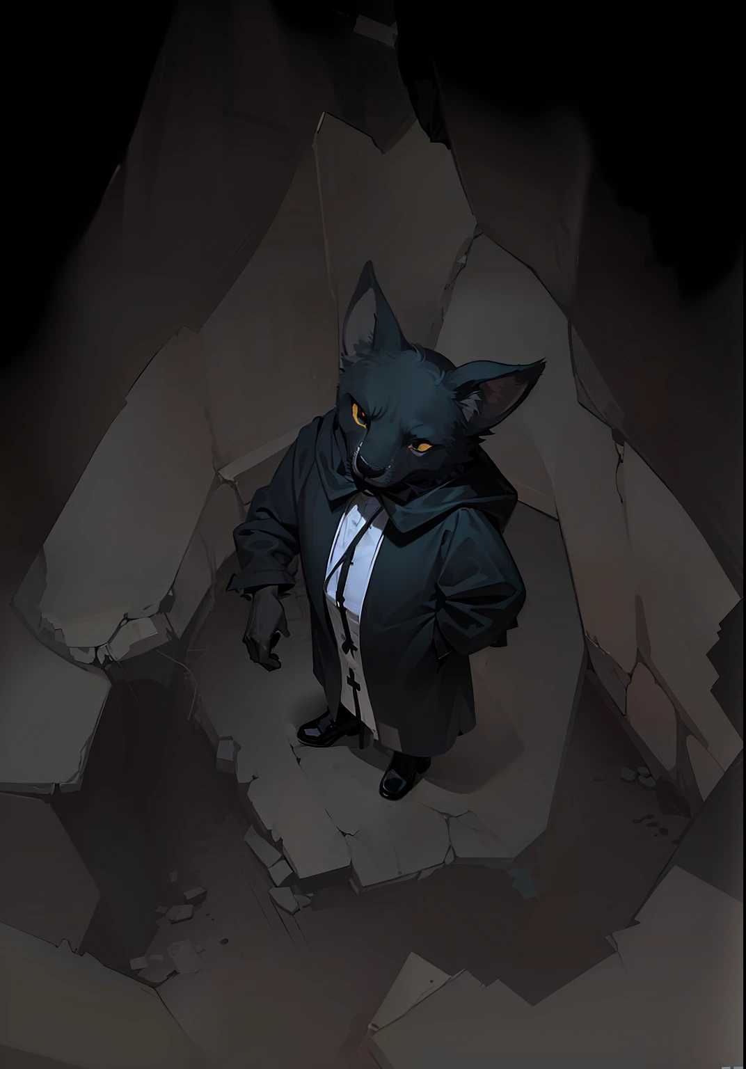 Collapsed cliff, black cathead, black robe, rich in detail, best light and shadow, poster style