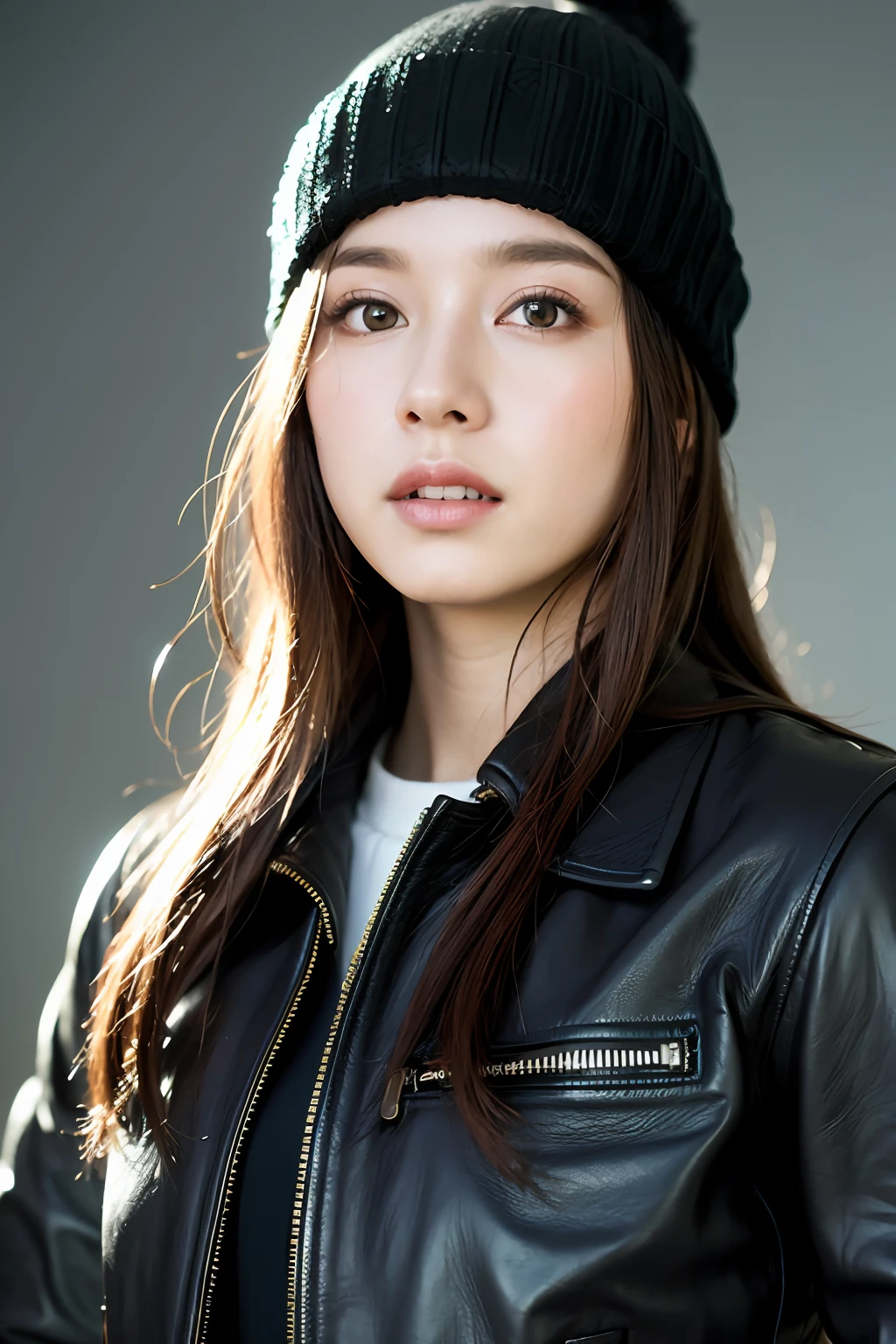 (
(8k:1.27), best quality, masterpiece, ultra highres:1.2) Photo of Pretty Japanese woman
 (beautiful:1.1) (sci-fi warrior woman:1.1) space soldier, (beanie:1.61) (leather jacket:1.21) intricate elegant, fantasy, detailed, ometric by greg rutkowski and alphonse mucha, gradient lighting