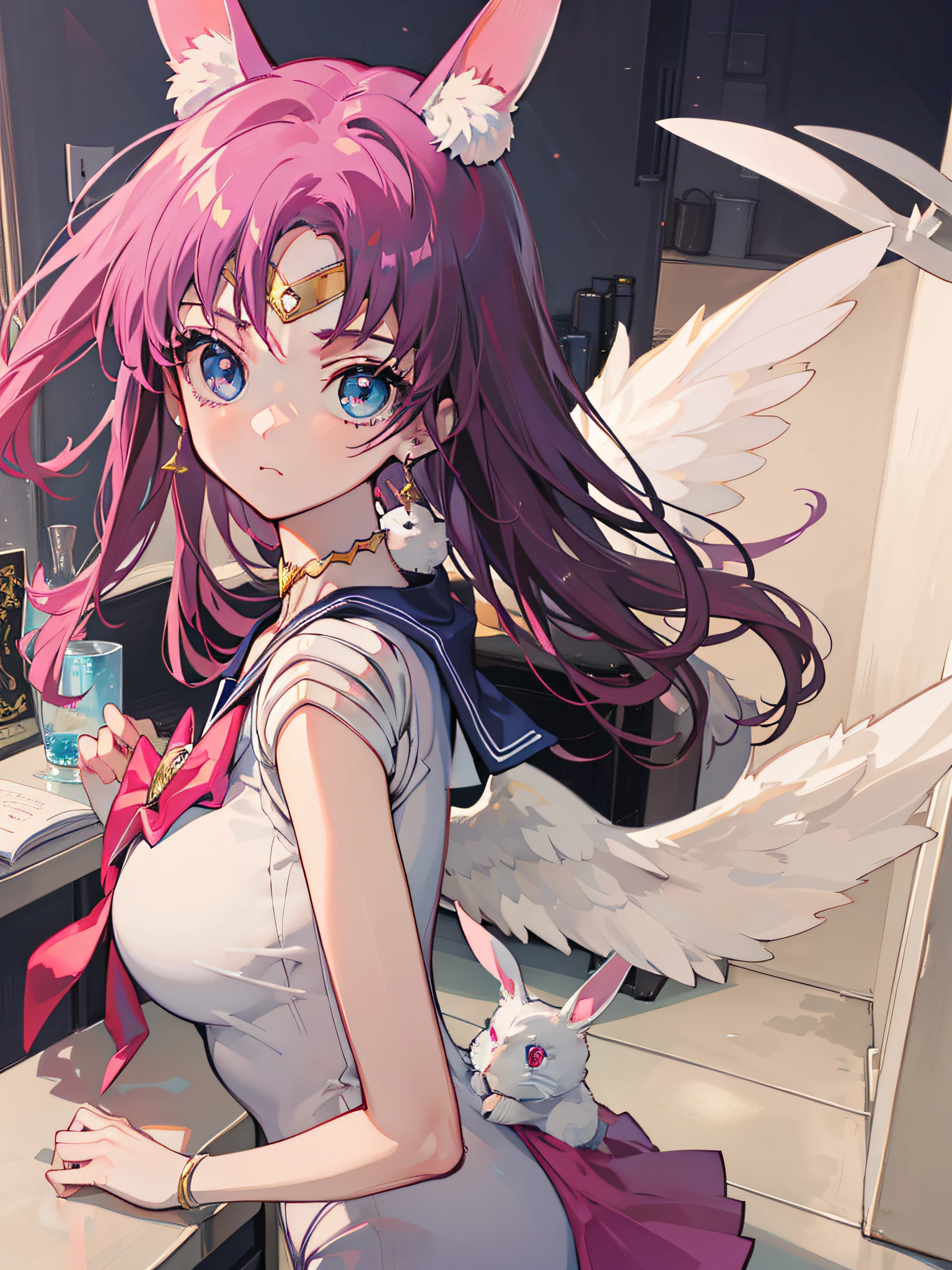 ((Masterpiece)), sailor moon costume, beautiful wings, beautiful face, beautiful eyes, ultra detailed, anime rabbits, high quality