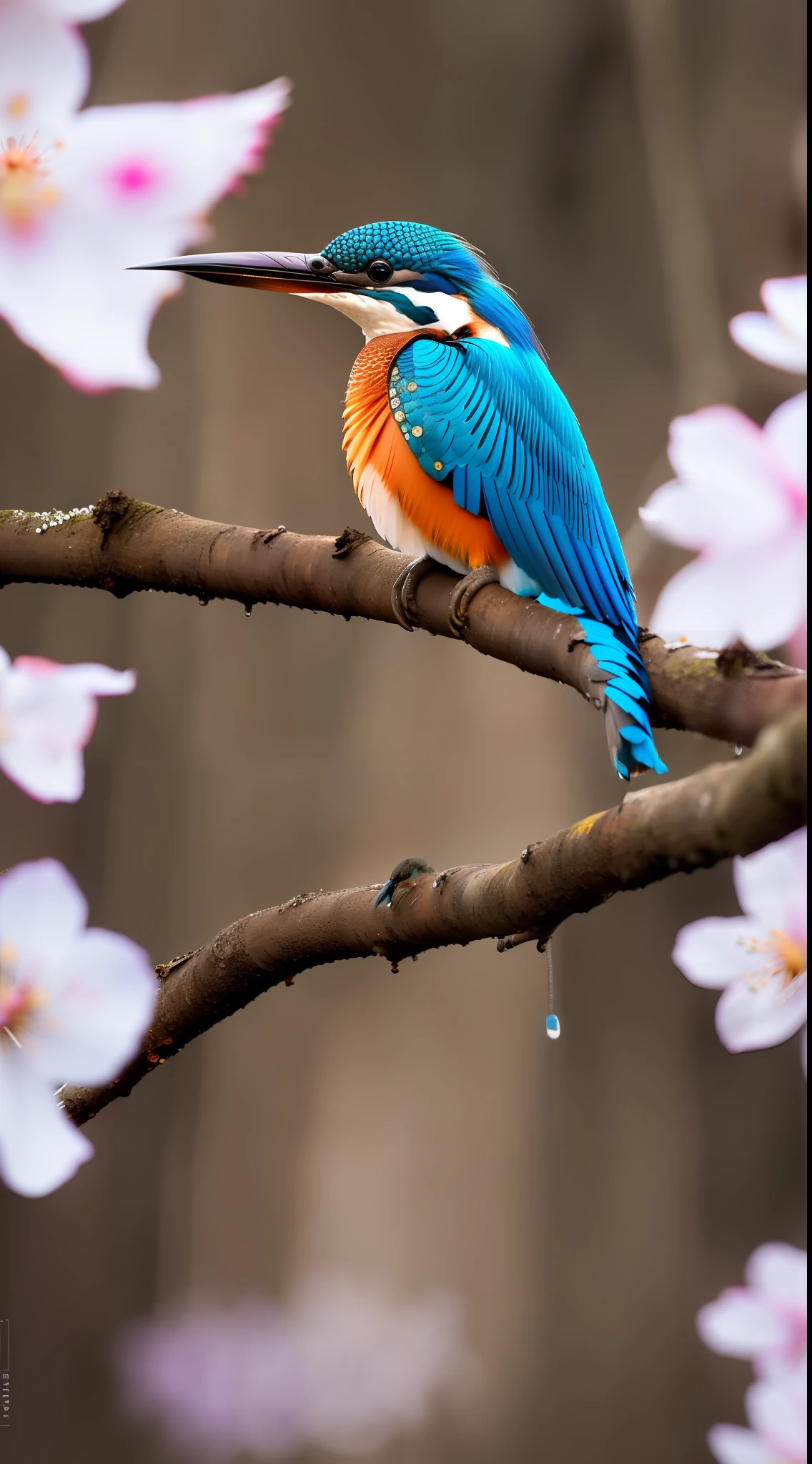 Superb Kingfisher Near White Cherry Blossoms on Branches, Dark, Dawn, (Cold Morning: 1.1), (Morning Dew: 1.15), Realistic Photography, (Low Photo: 1.2), Detail, 8K, Intricate Folded Feathers, Water Droplets on Feathers, (to8contrast style), (MIST: 0.7), Bright Colors, Sony a6600 Mirrorless Camera, embellish2