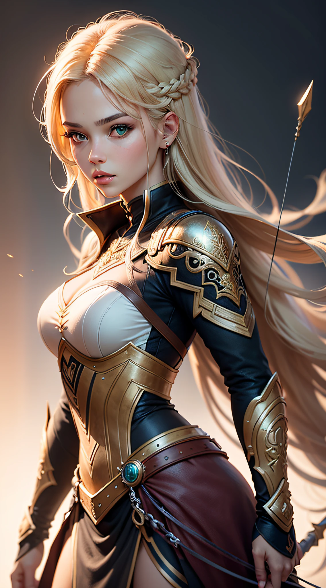 masterpiece, princess archer, high quality, portrait, blonde hair, green eyes, long hair, highly detailed, archer ,realistic face, white background, beautiful detailed eyes, fantasy art, Artgerm style, illustration, Riiska art art, epic, fantasy, intricate, hyper detailed, art station, conceptual art, smooth, sharp focus, ray tracing, vibrant --auto