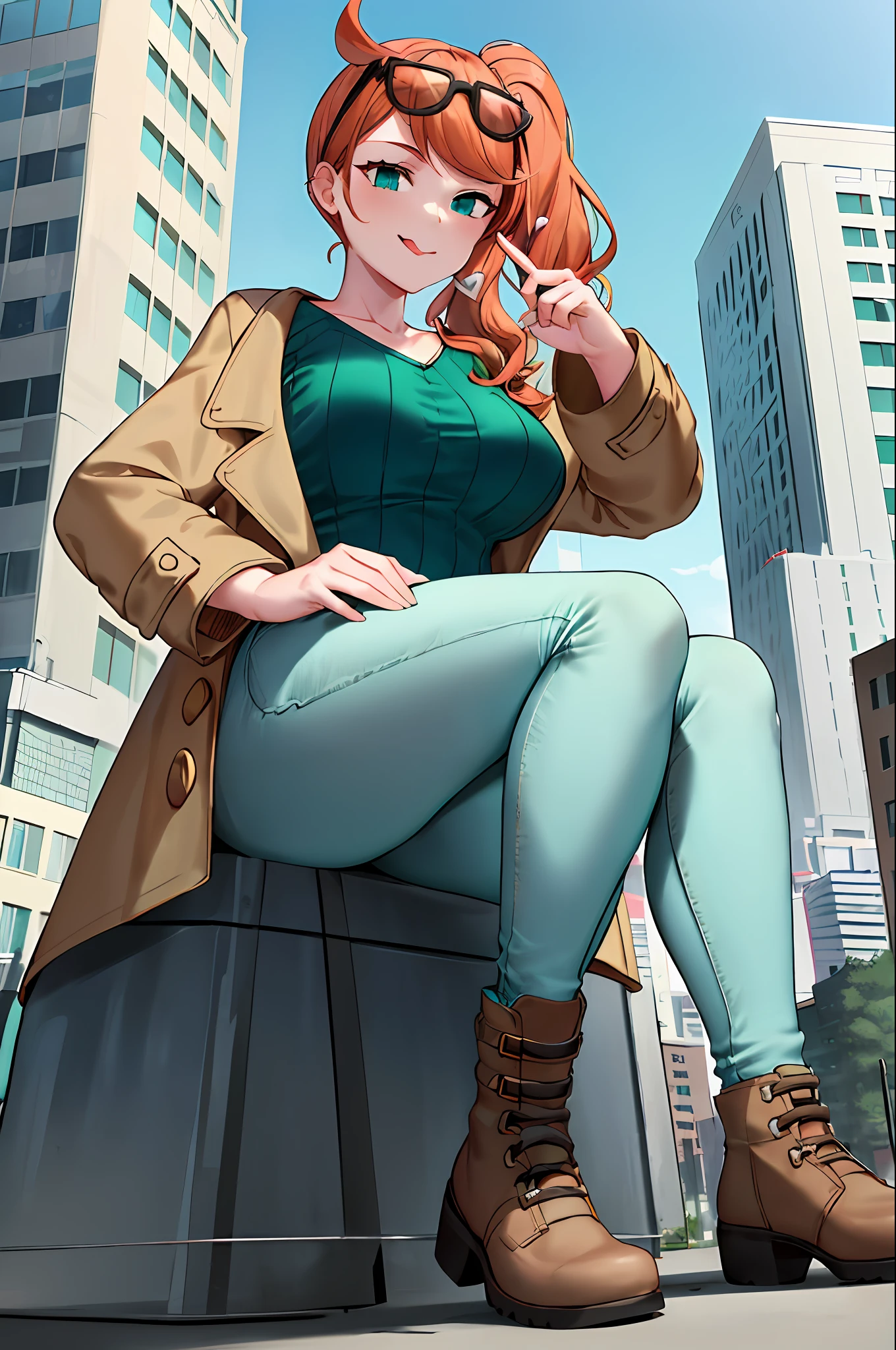 (masterpiece, best quality:1.4), solo, 1girl, sonia, smile, looking at viewer, hand on hip, side ponytail, heart hair ornament, eyewear on head, (pants, jeans:2), (full body:1.5), giantess, smile, (from below:1.5), (thick thighs:1.2), (large breasts:1.5), (looming:1.3), mature female, high quality, hd quality, masterpiece, photorealistic, stepping, shoe soles, close-up foot, intense angle, :), (Sitting on Building:1.6), very low angle, female pervert, toragao, licking lips, licking own lips, smile, (sitting:2), knee up, GTScity, giantess, city, buildings, perfect hand, brown footwear, leather boots, (green sweater, aqua eyes, trench coat, brown trench coat:1.6), (tight pants:1.8), collarbone, (destruction:1.4),