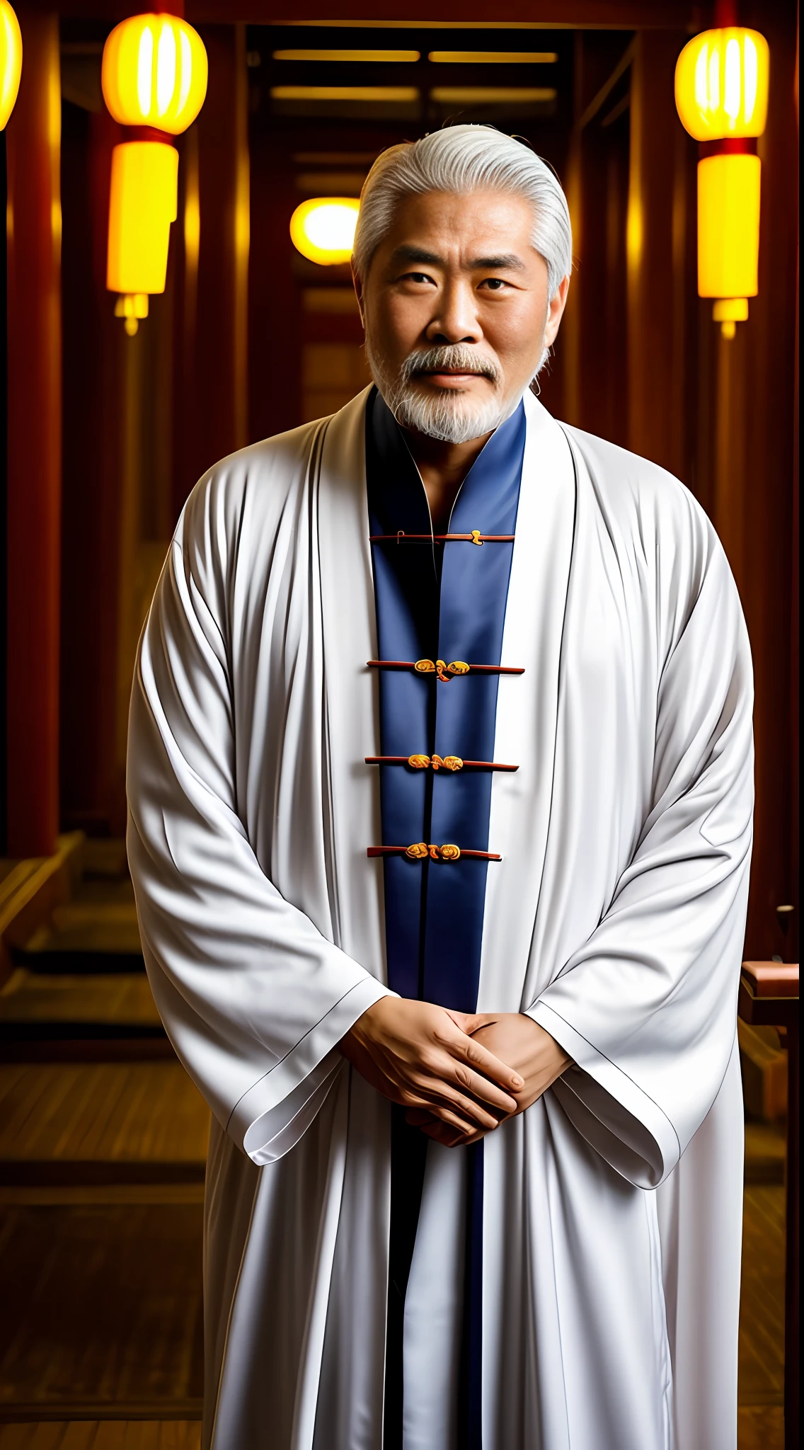 A middle-aged Taoist priest wearing a Taoist robe, with a white beard, white hair, open eyes, a face that is talking, movie lighting, Taoist temple background