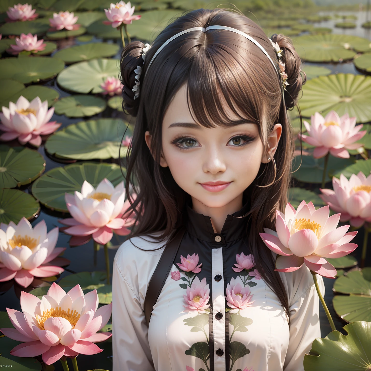 Pink lotus, a cute girl standing in a shirt among lotus, lots of lotus, lotus leaves, lotus in the foreground, smile back, half-body, close-up, close-up