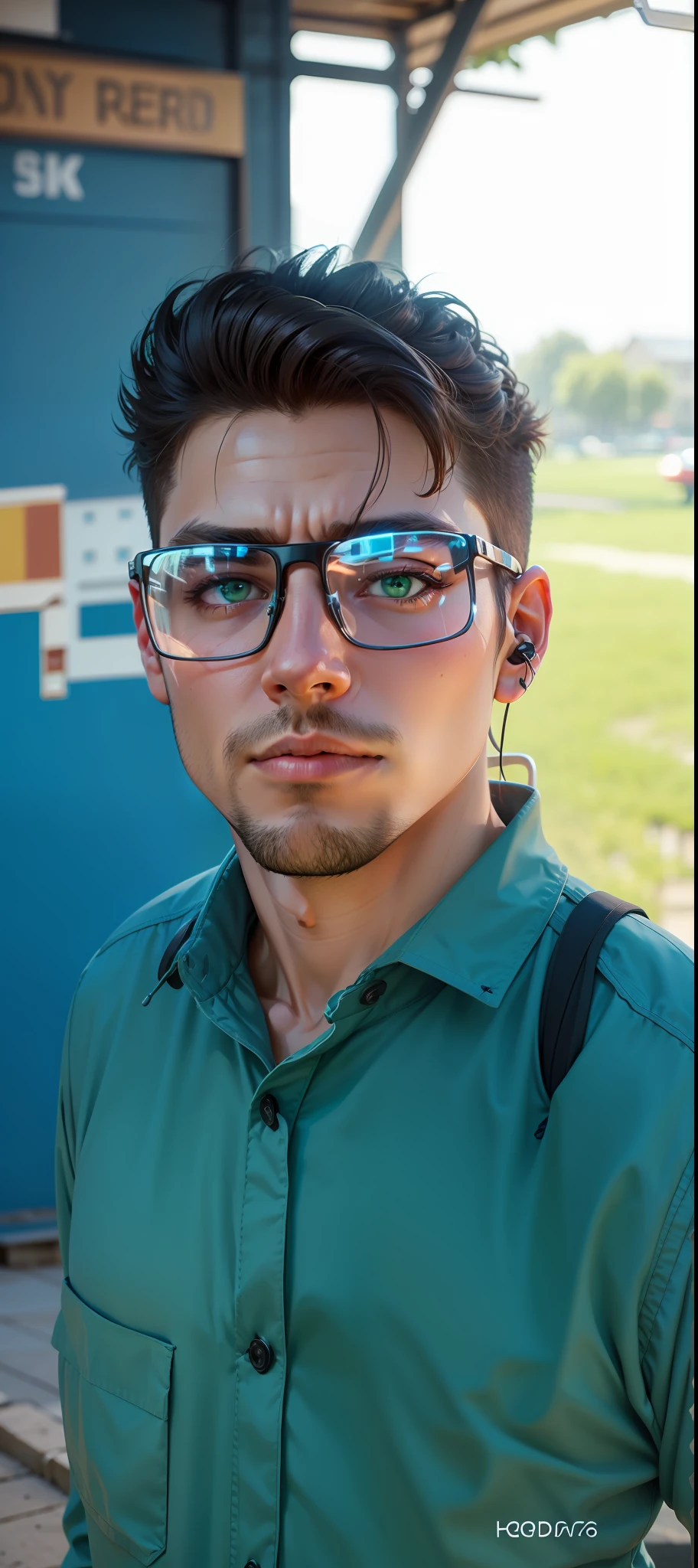 Hrd image,8k image,Brite skins,green eyes, background is a beautiful building, with ear buds,