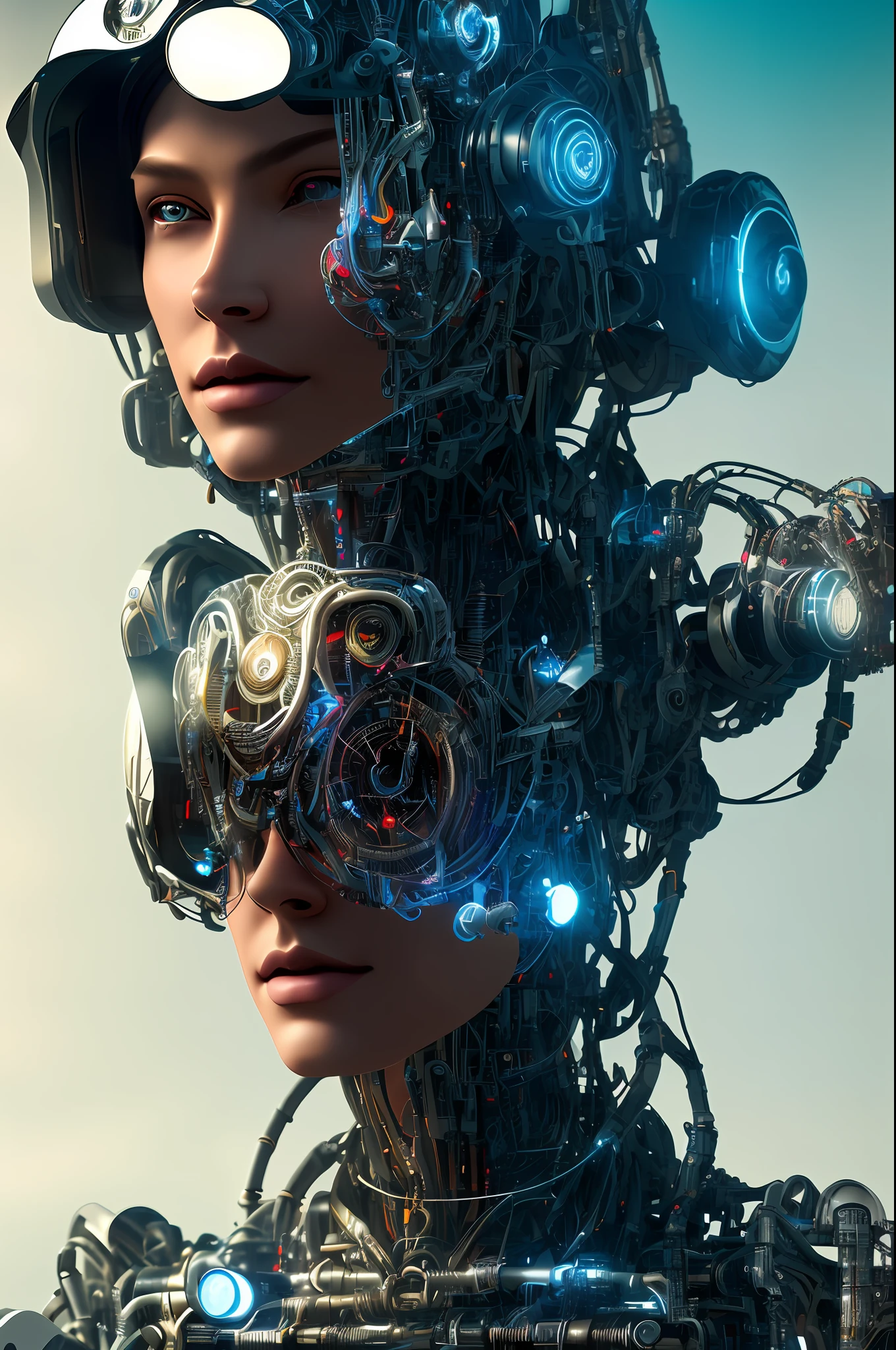 full body cyborg| full-length portrait| detailed face| symmetric| steampunk| cyberpunk| cyborg| intricate detailed| to scale| hyperrealistic| cinematic lighting| digital art| concept art| mdjrny-v4 style
