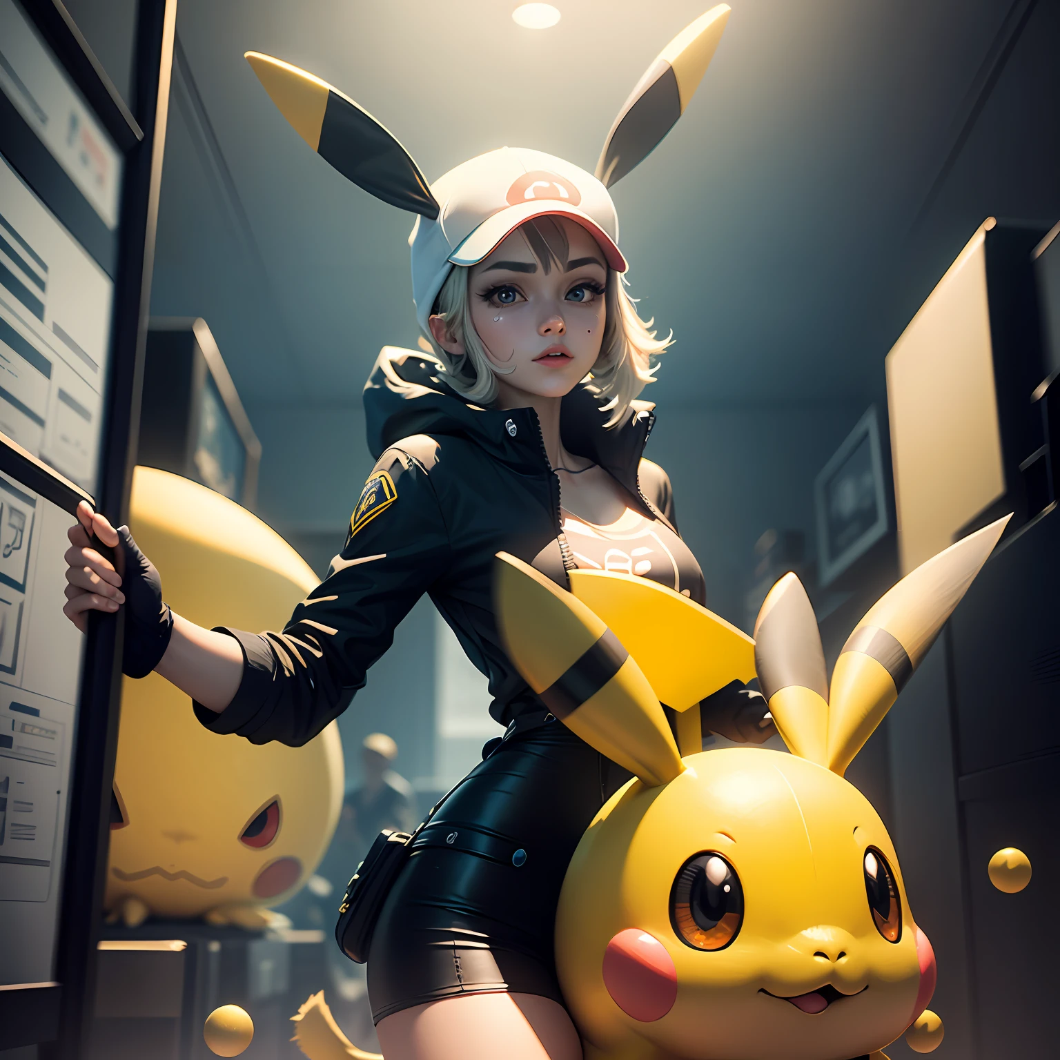 Pokemon Picachu, cyber, cuber 2133 style, 8K Unity rendering, skin pores, floating particles --auto