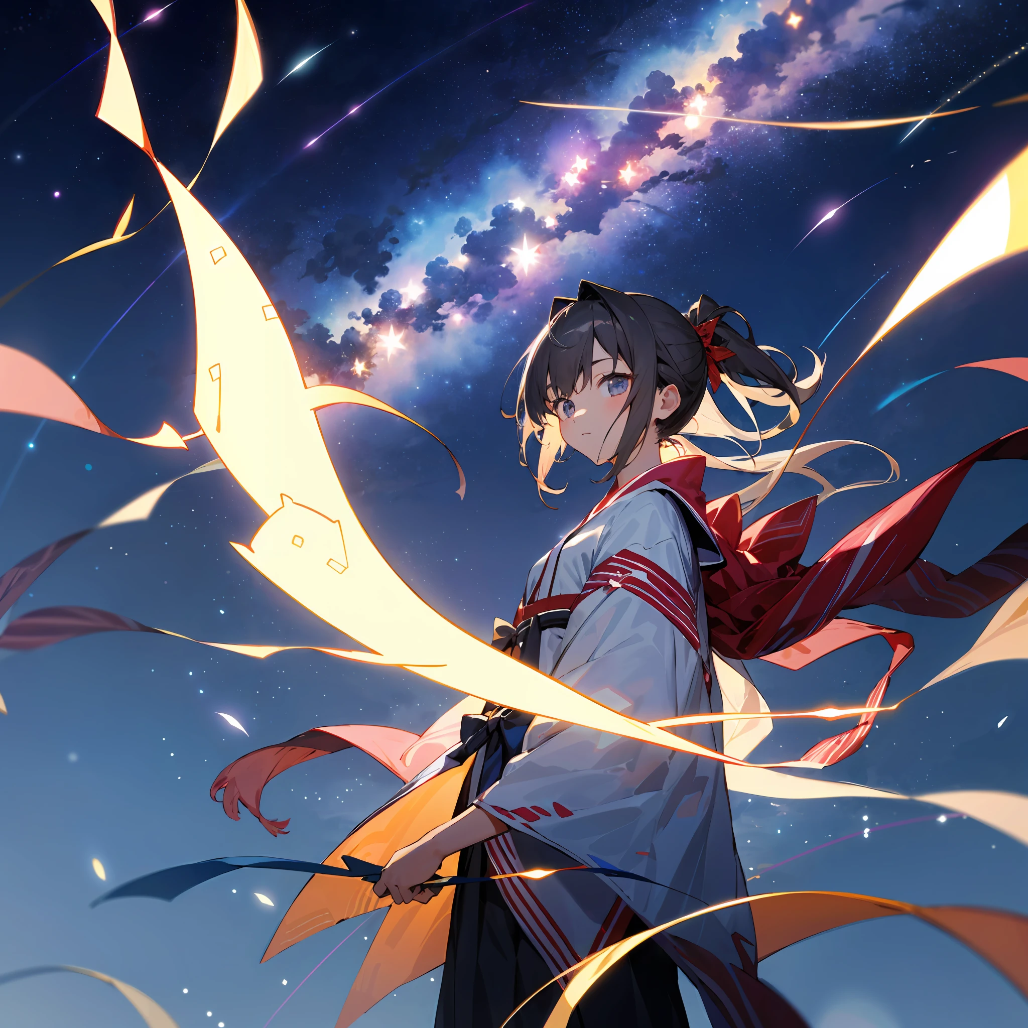 (top quality, super detail: 1.1),
Tanabata, girl, holding a strip, absurdly beautiful night sky,
