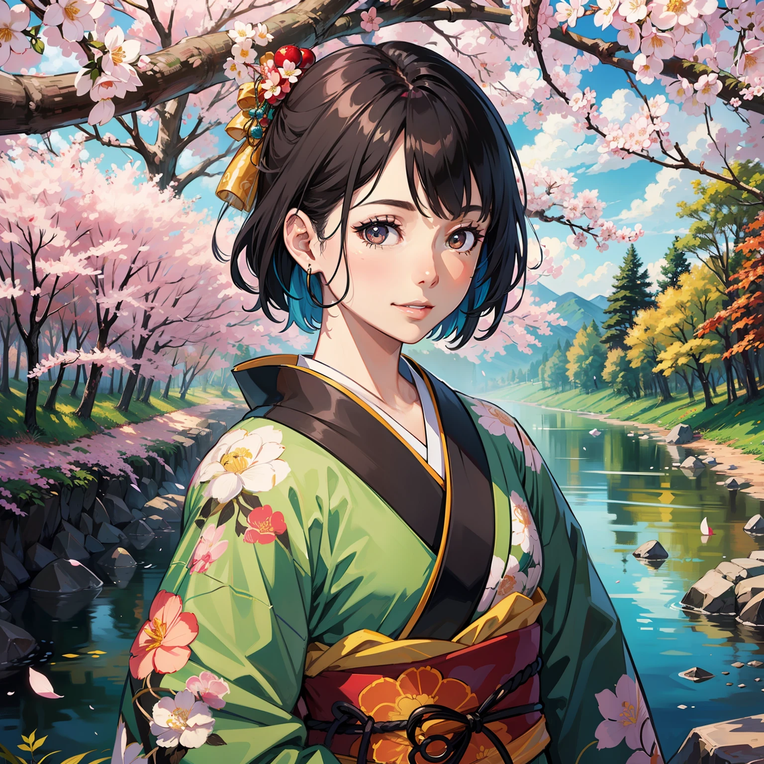 Close-up, upper body, (Real: 1.3), Fine details, Quality, Rembrandt lighting, (Masterpiece:1.2), (Photorealistic:1.2), (Best Quality), (Detail skin:1.3), (Intricate details), Dramatic, Ray tracing, 1 girl, Japan girls, Smile, Updled hair, 21 years old, Middle chest, (Colorful kimono:1.2),(Japanese:1.2),(Floral),(Long Sleeve), (Cherry Tree, River, Spring, Sun, Clouds, Walk, Nature, Forest),Turning Around, Shorthair