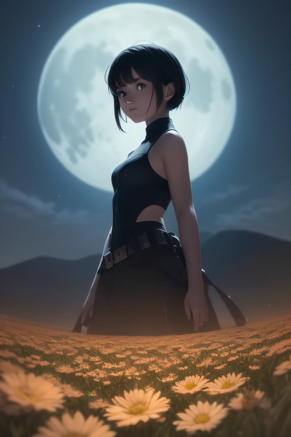 best quality, masterpiece, black hair, blue eyes, head up, photo of the vast landscape of the upper body, (seen from below, the sky above and the open field below), a girl standing on a flower field looking up, (full moon: 1.2), (meteor: 0.9), (nebula: 1.3), distant mountains, trees break making art, (warm light source: 1.2), (firefly: 1.2), lamps, lots of purple and orange, intricate details, volumetric lighting BREAK (Masterpiece: 1.2), (Best Quality), 4K, Ultra Detailed, (Dynamic Composition: 1.4), Detailed, Colorful, (Iridescent: 1.2), (Glow, Atmospheric Lighting), Dreamy, Fantastic, (Solo: 1.2)