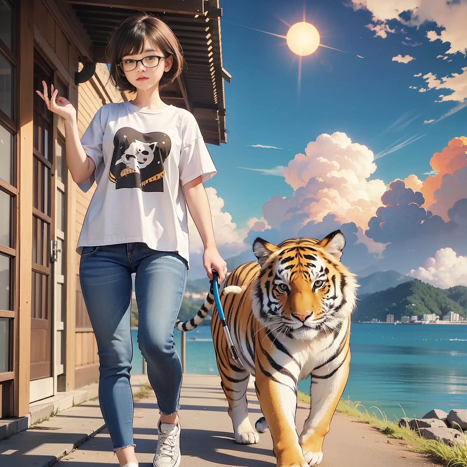 1 woman and 1 tiger, {{{Giant tiger},walking, {{{Short hair}}, clouds, overcast sky, outdoors, journey, sky,dusk,pleasant breeze,hilltop, planet,kagawa, seto inland sea,jeans, chest, solo, bangs, {{disheveled hair},{{{thick eyebrows},big nose,look, tiger, big t-shirt,grey, black hair tied back,black-rimmed glasses, full body, small,{{{short stature}}}}, Wide shoulders,{{{Big-headed}}},sun, ochre sneakers, animal, wet, blue jeans,, one hand back, {{{{Walking with a tiger}, {{Giant tiger}}}, dynamic placement, dynamic angle, 8k, {{{Masterpiece}}},