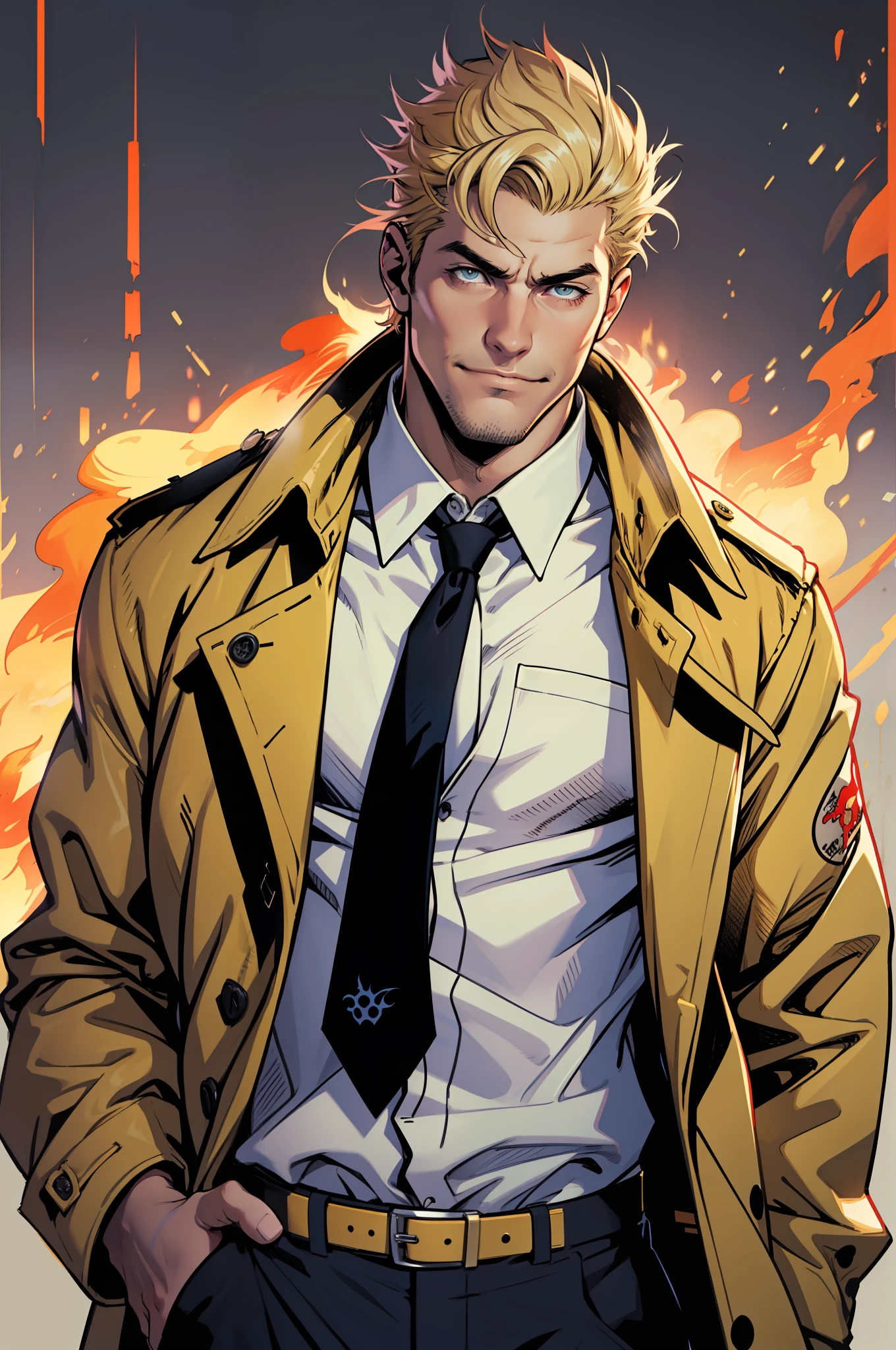1 man, solo, John Constantine, British man, tall, fit muscle, big baggy yellow trench coat, loose long red tie, loose untidy white shirt, making a fireball out of his right hand, smirks, light blond hair, crew cut hair style, hades style fire, solid background, best quality, 4k, wallpaper