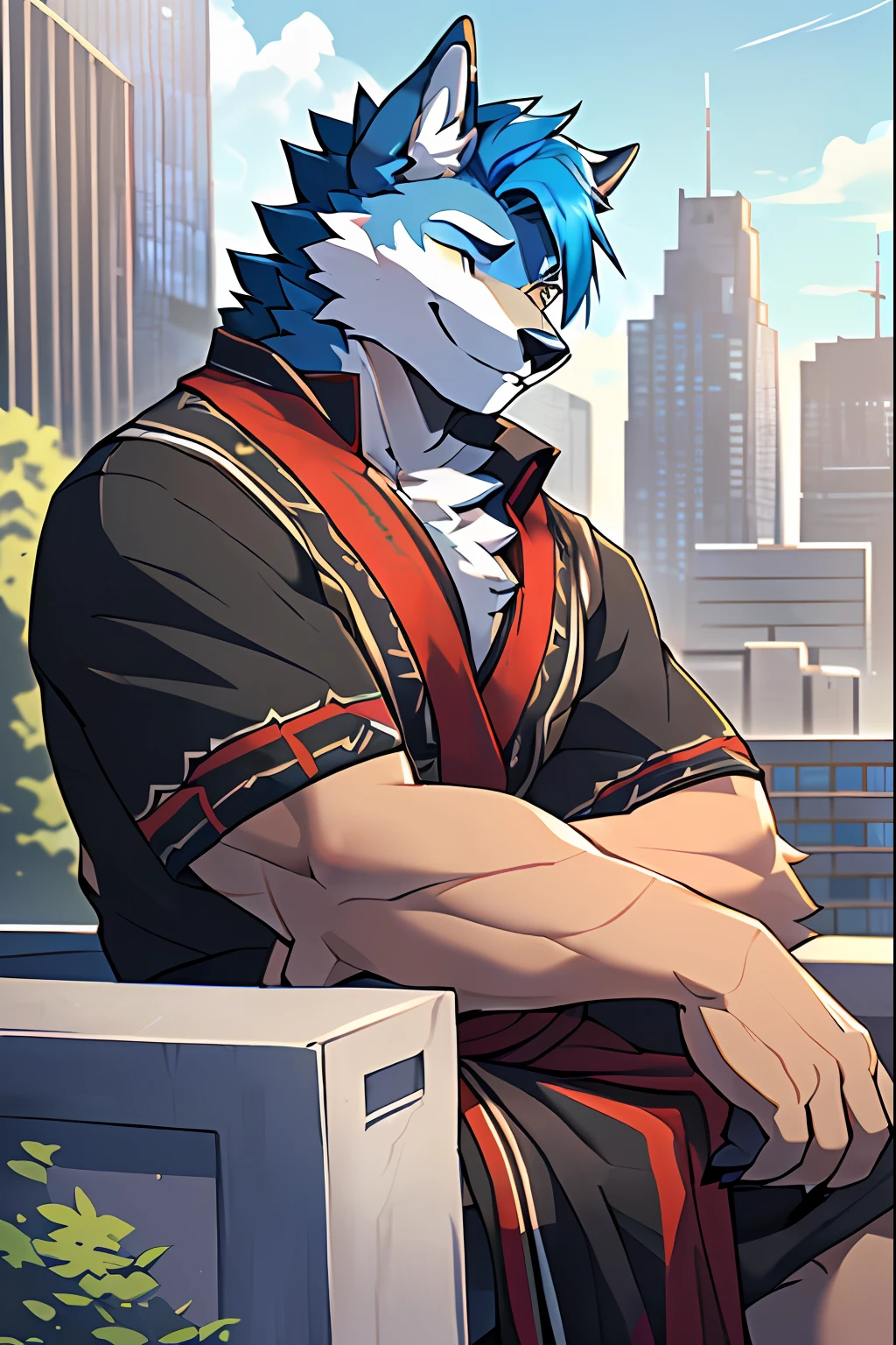 (Furry Art, Digital Art, uploaded_on_e621:1.4, Furry Human:1.5), Wolf, Male, Furry, Anthropomorphic, Wearing a Casual Cloth, Solo, Outside, On the Roof Top, Leaning on Armrests, Focus, Face and Upper Body Focus, City, Smile with Eyes Closed (RTX Illumination, detailed), Blue Hair